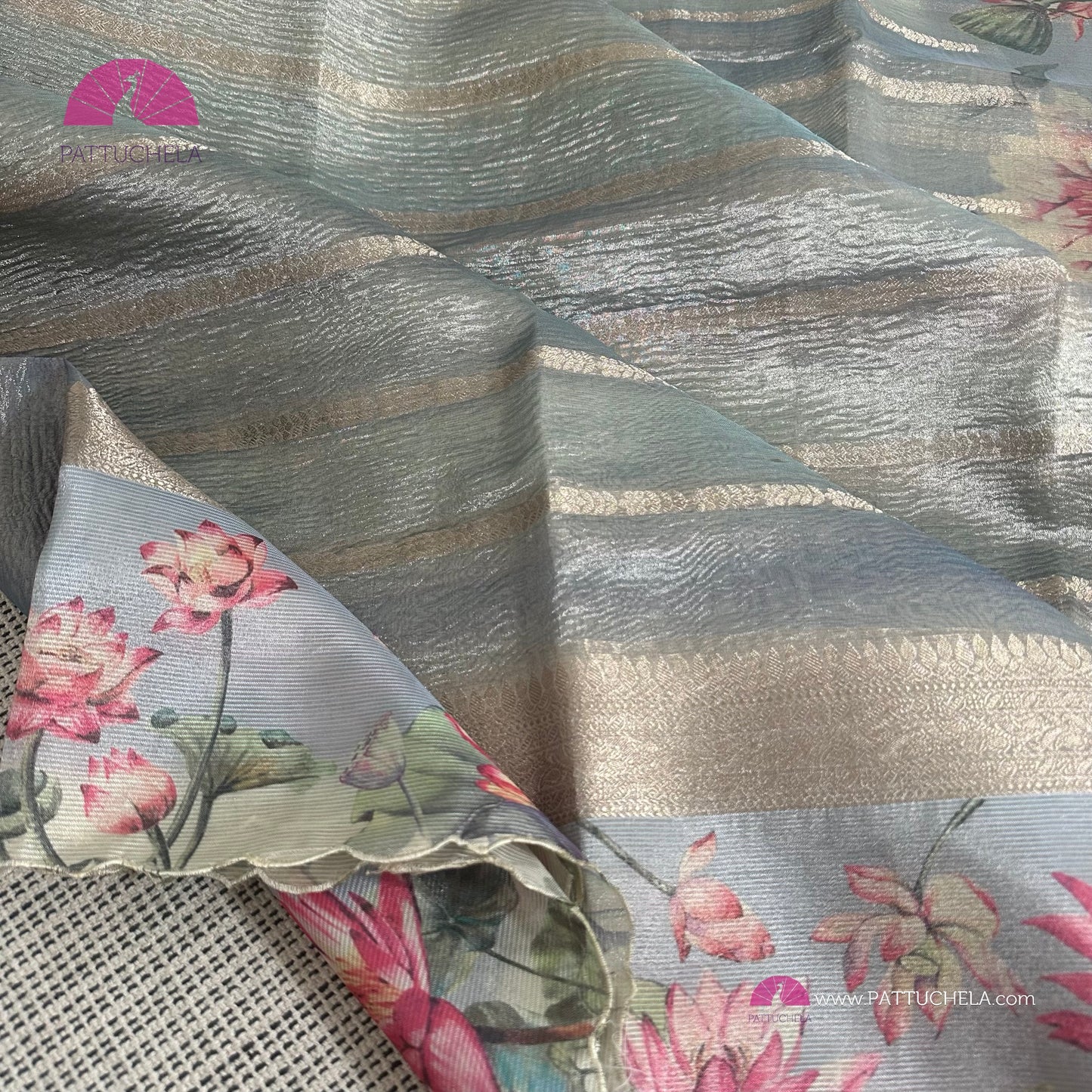 Grey Crush Tissue Saree with Floral borders