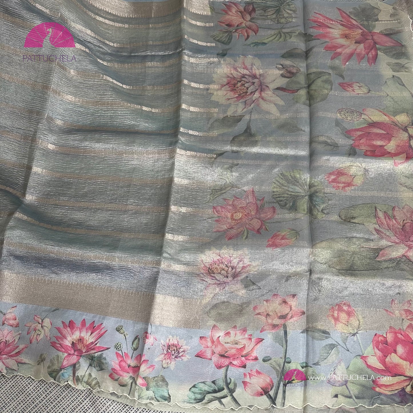 Grey Crush Tissue Saree with Floral borders