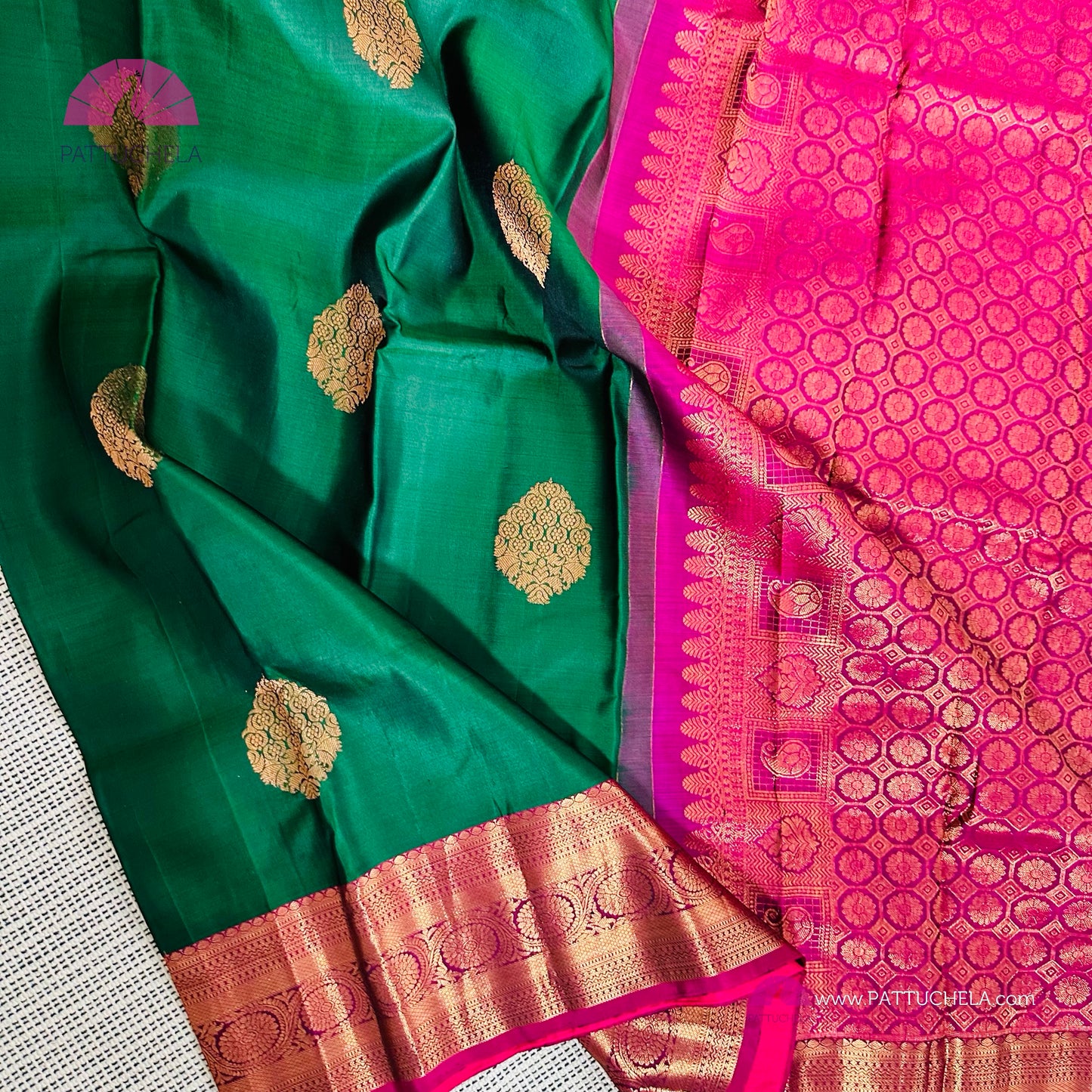 Green Kanchipuram Handloom SilK MARK CERTIFIED Saree with Majenta zari borders