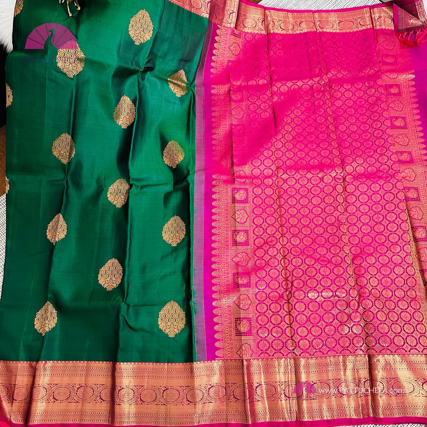 Green Kanchipuram Handloom SilK MARK CERTIFIED Saree with Majenta zari borders