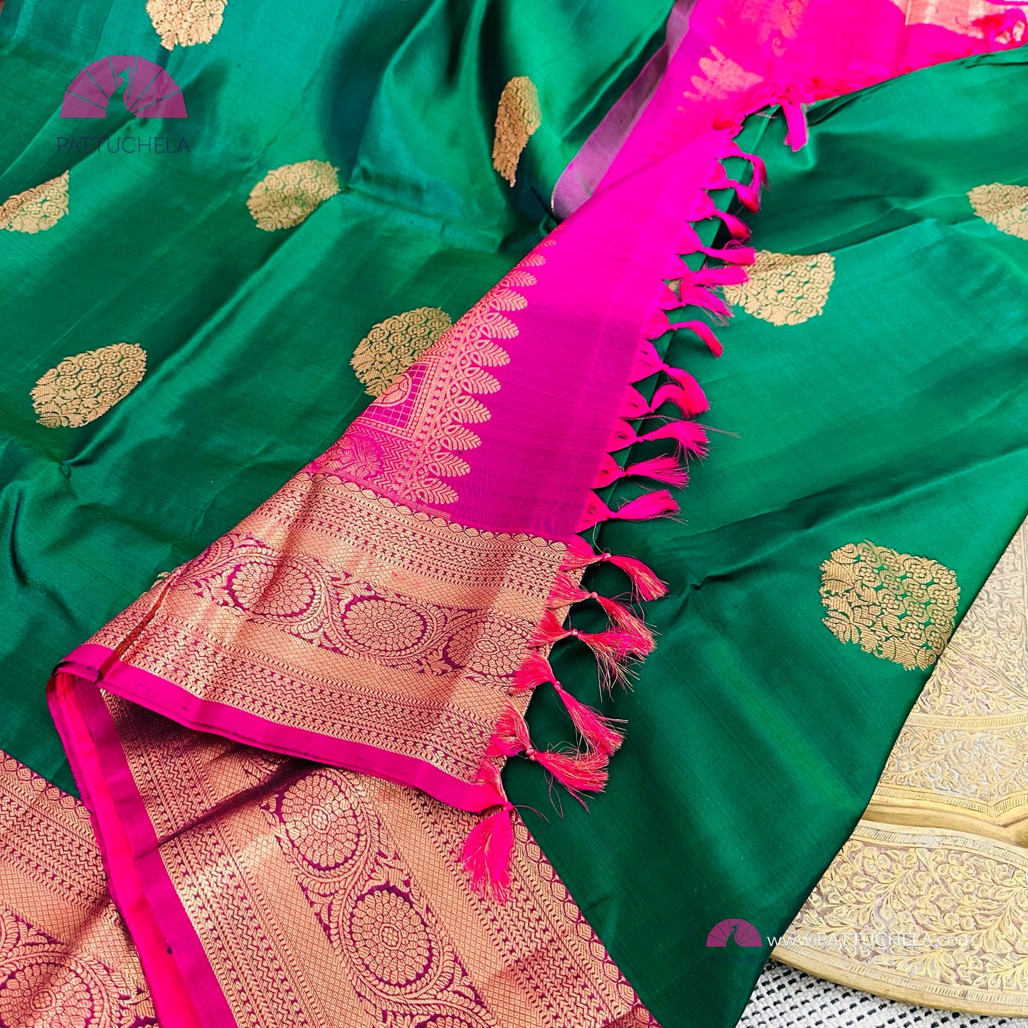 Green Kanchipuram Handloom SilK MARK CERTIFIED Saree with Majenta zari borders