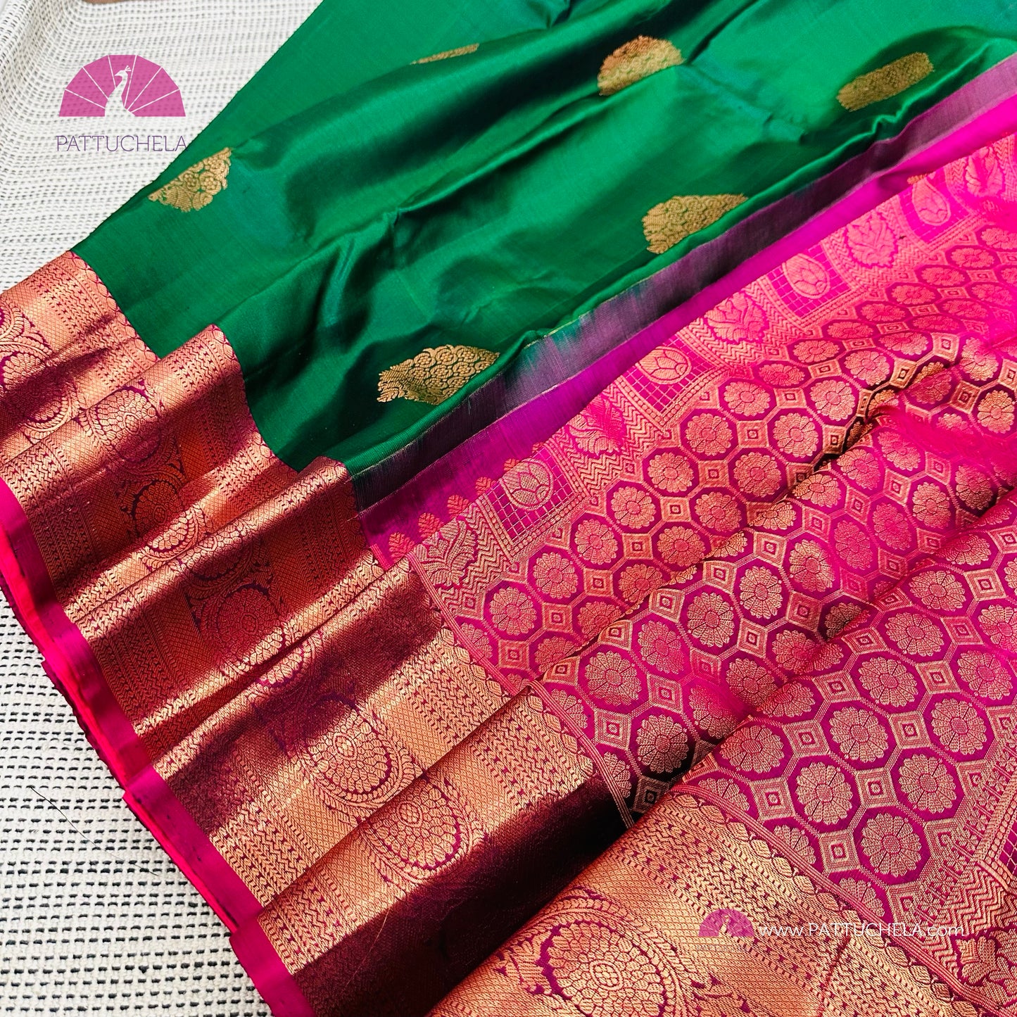 Green Kanchipuram Handloom SilK MARK CERTIFIED Saree with Majenta zari borders