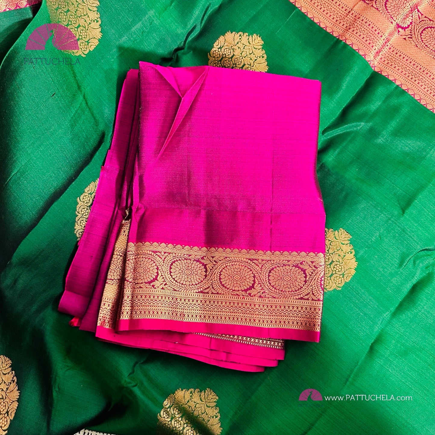 Green Kanchipuram Handloom SilK MARK CERTIFIED Saree with Majenta zari borders