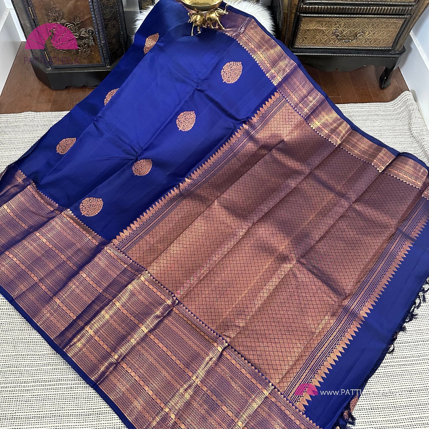 Blue Kanchipuram Handloom SilK MARK CERTIFIED Saree with copper tone zari borders
