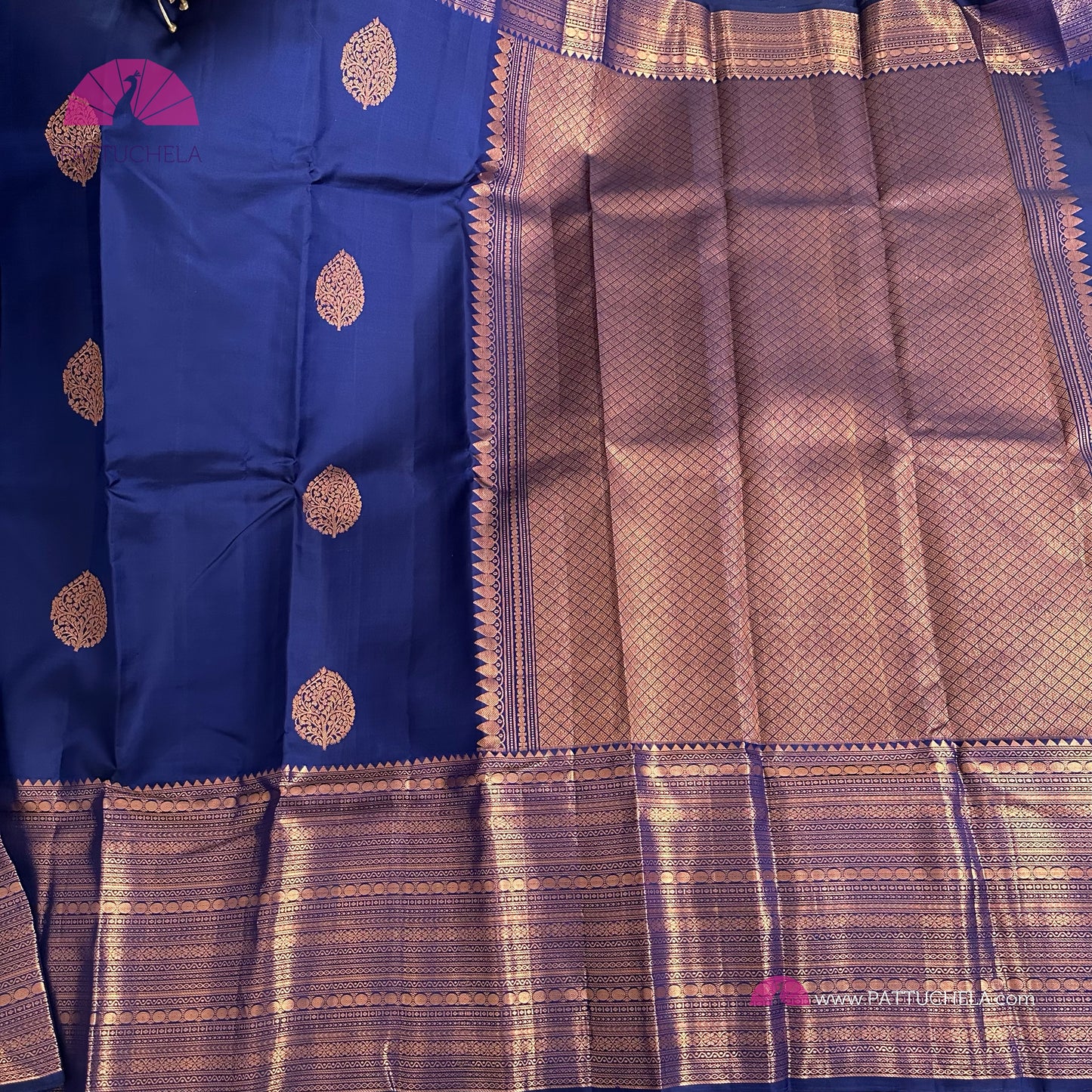 Blue Kanchipuram Handloom SilK MARK CERTIFIED Saree with copper tone zari borders