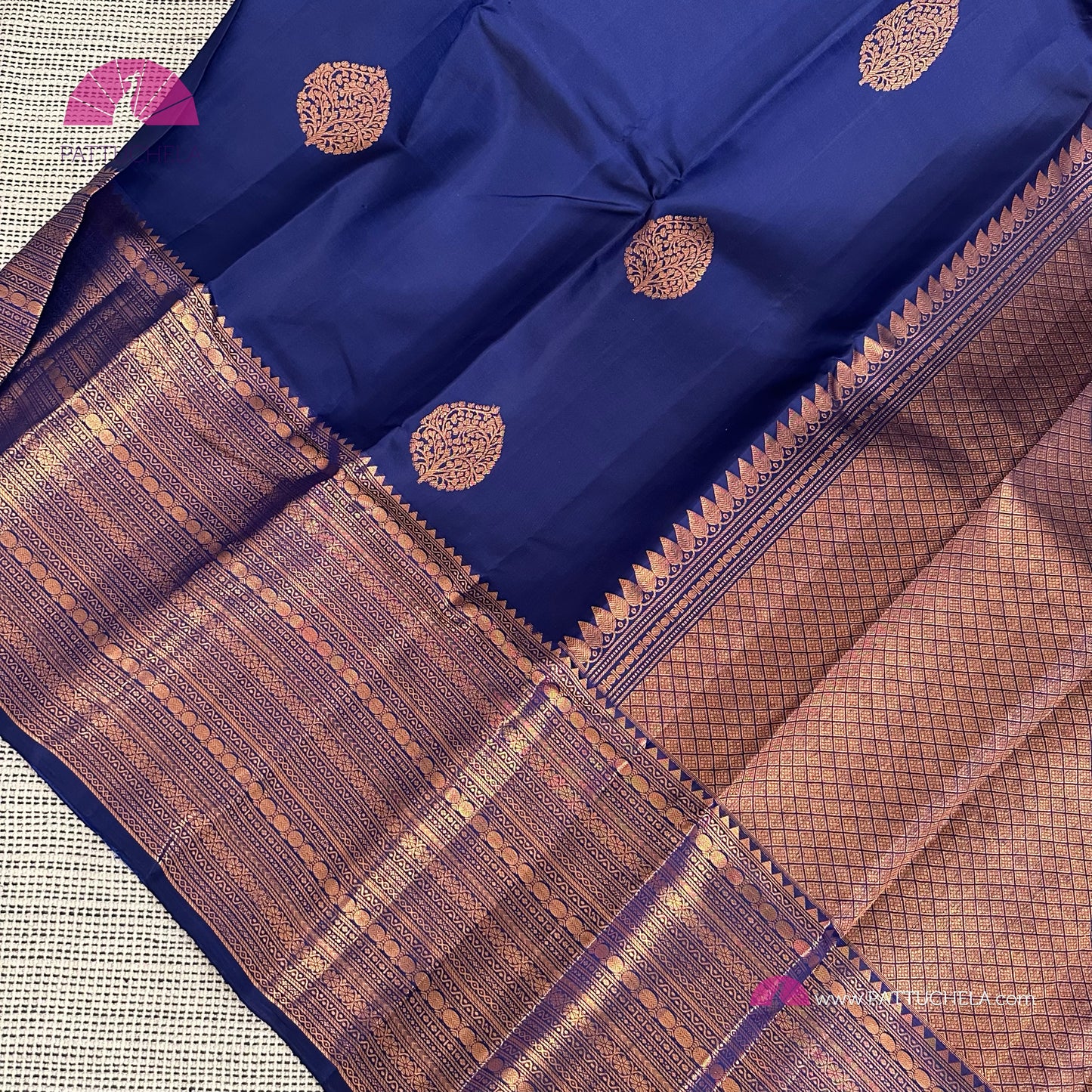 Blue Kanchipuram Handloom SilK MARK CERTIFIED Saree with copper tone zari borders