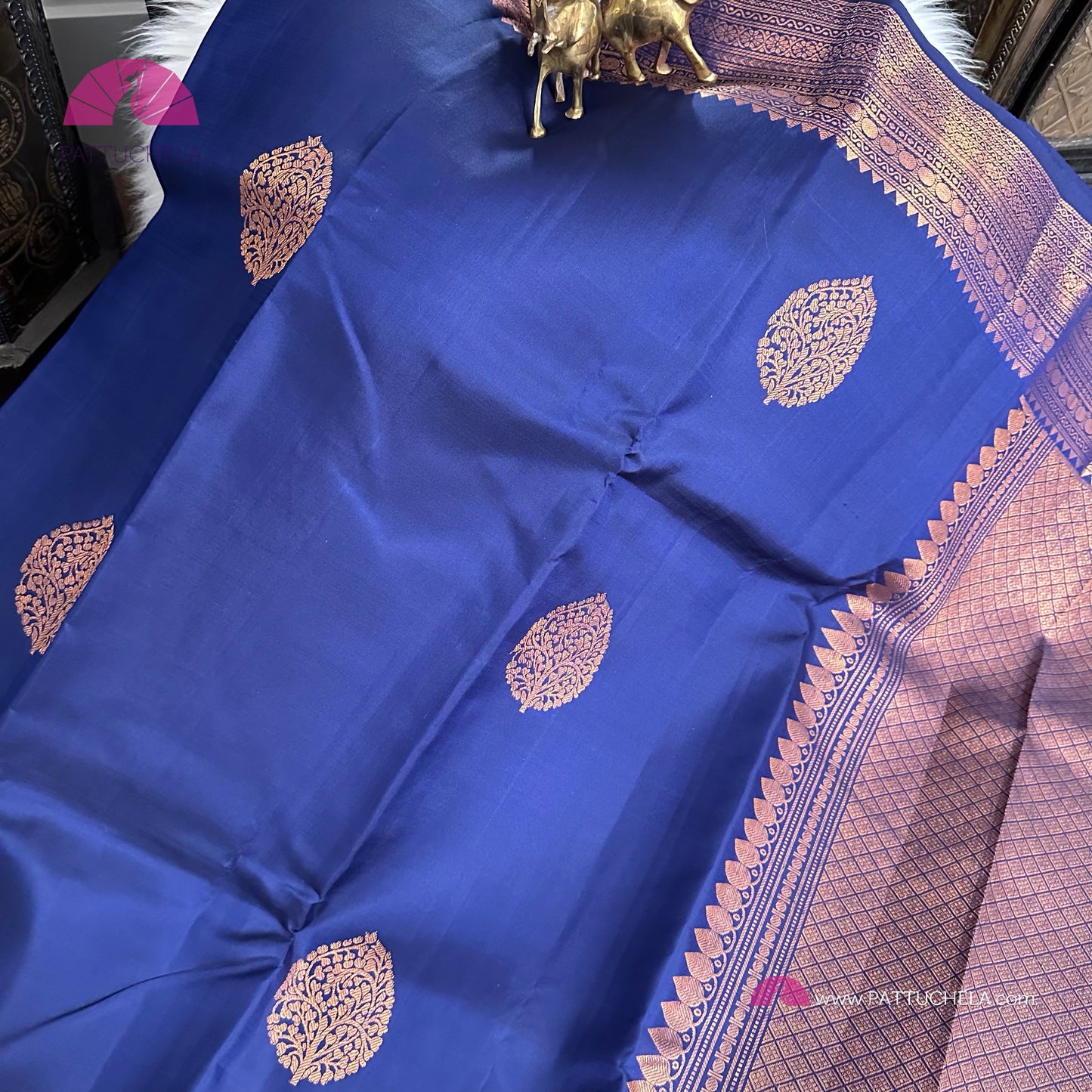 Blue Kanchipuram Handloom SilK MARK CERTIFIED Saree with copper tone zari borders