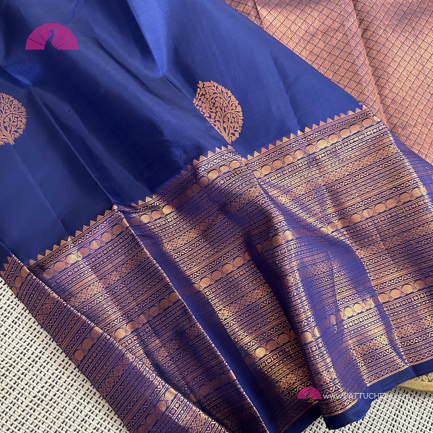 Blue Kanchipuram Handloom SilK MARK CERTIFIED Saree with copper tone zari borders