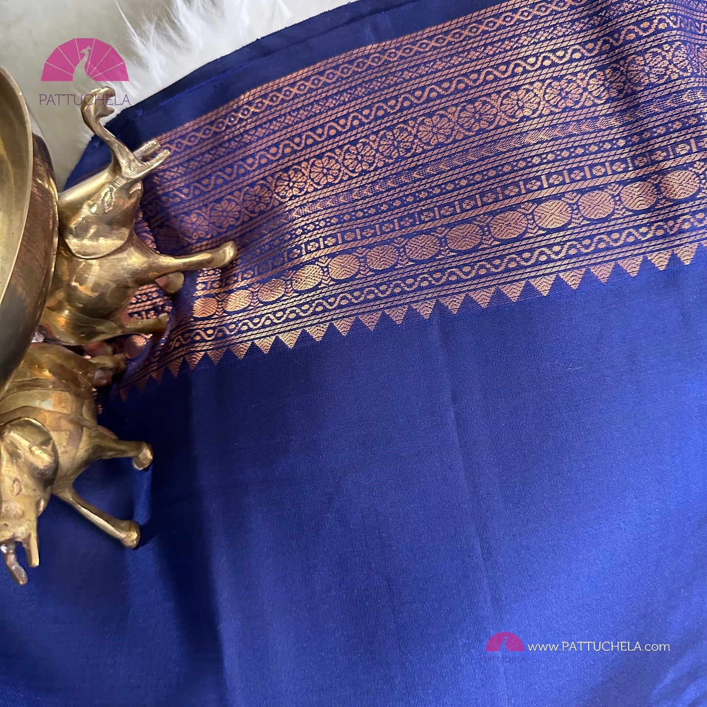 Blue Kanchipuram Handloom SilK MARK CERTIFIED Saree with copper tone zari borders