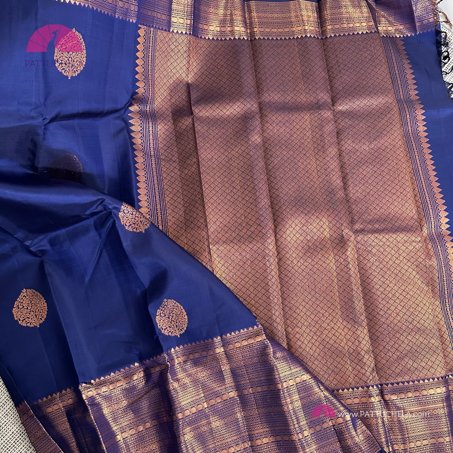 Blue Kanchipuram Handloom SilK MARK CERTIFIED Saree with copper tone zari borders