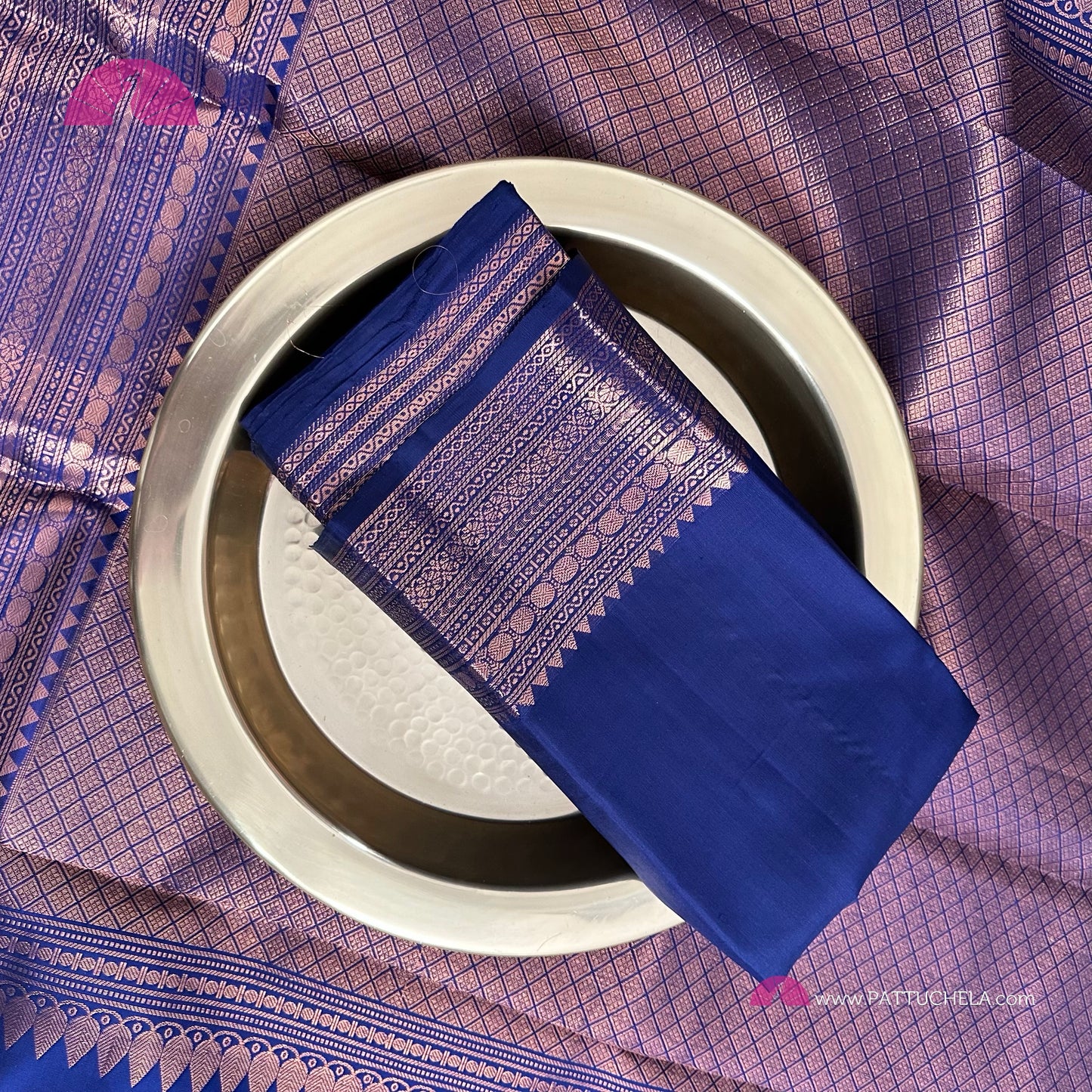 Blue Kanchipuram Handloom SilK MARK CERTIFIED Saree with copper tone zari borders