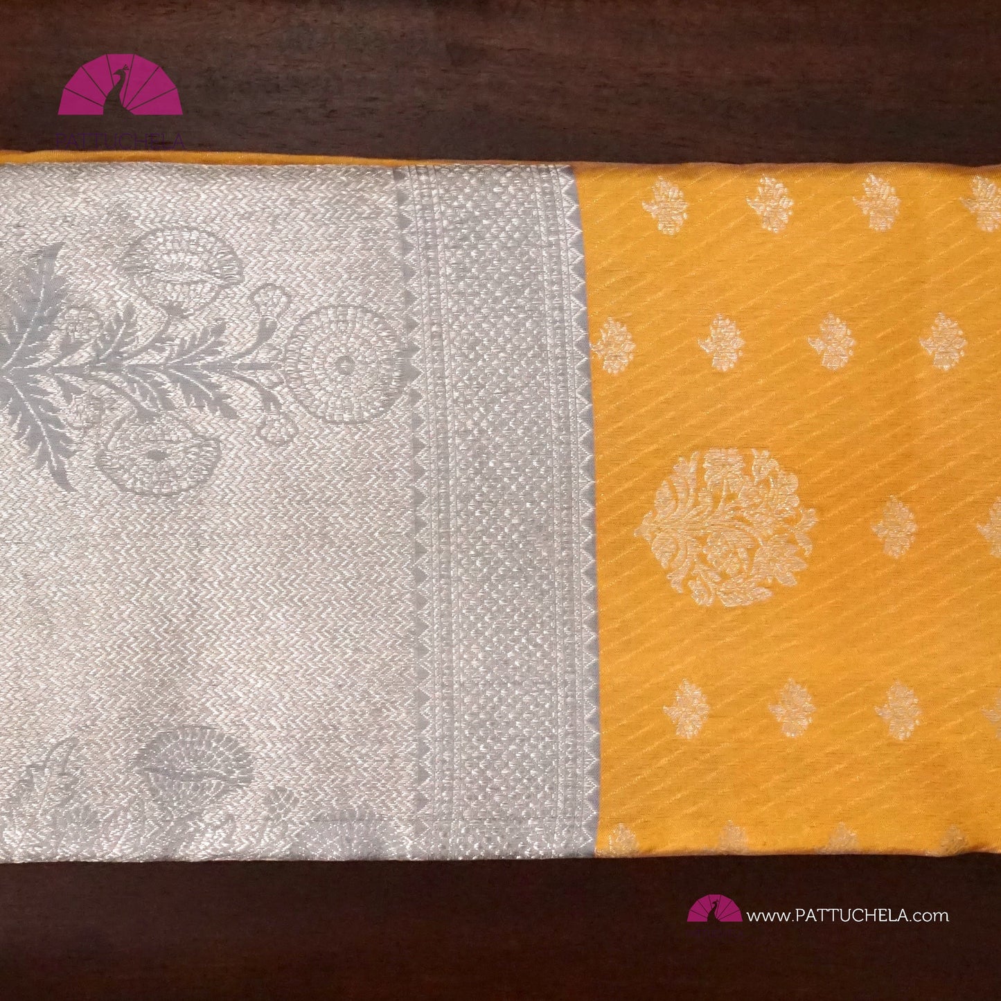 Sunflower Yellow Pure Kanchipuram Handloom SILK MARK CERTIFIED Saree with 1 gram pure Silver Zari weaves.