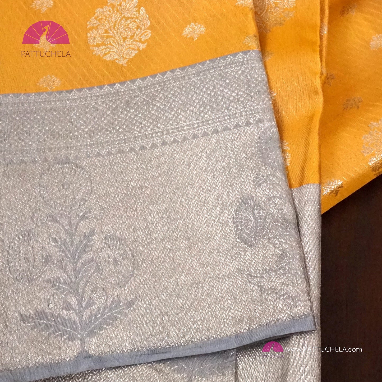 Sunflower Yellow Pure Kanchipuram Handloom SILK MARK CERTIFIED Saree with 1 gram pure Silver Zari weaves.