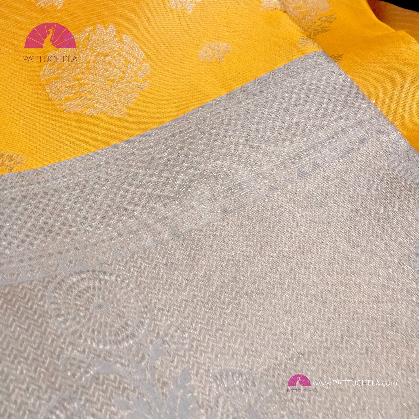 Sunflower Yellow Pure Kanchipuram Handloom SILK MARK CERTIFIED Saree with 1 gram pure Silver Zari weaves.