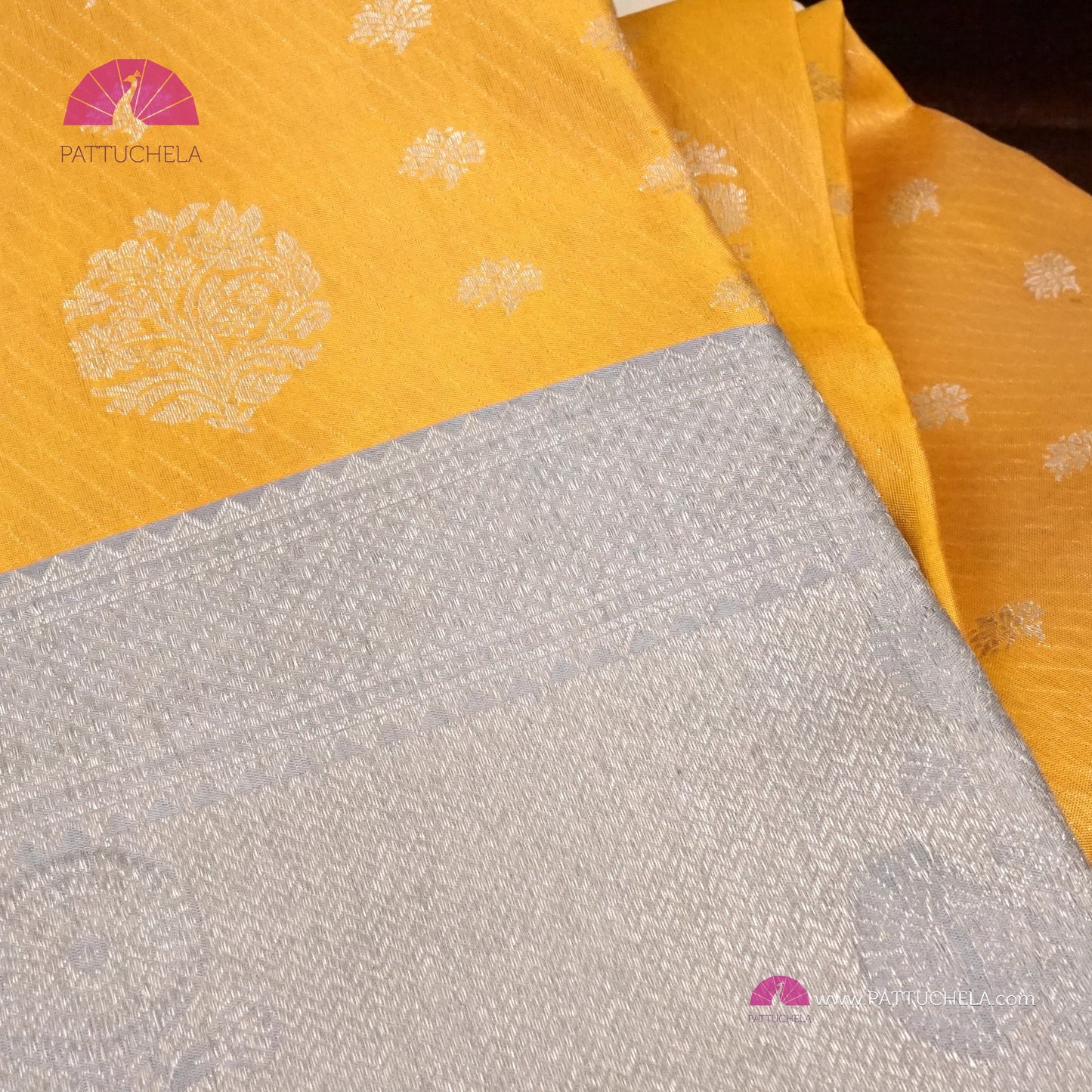 Sunflower Yellow Pure Kanchipuram Handloom SILK MARK CERTIFIED Saree with 1 gram pure Silver Zari weaves.