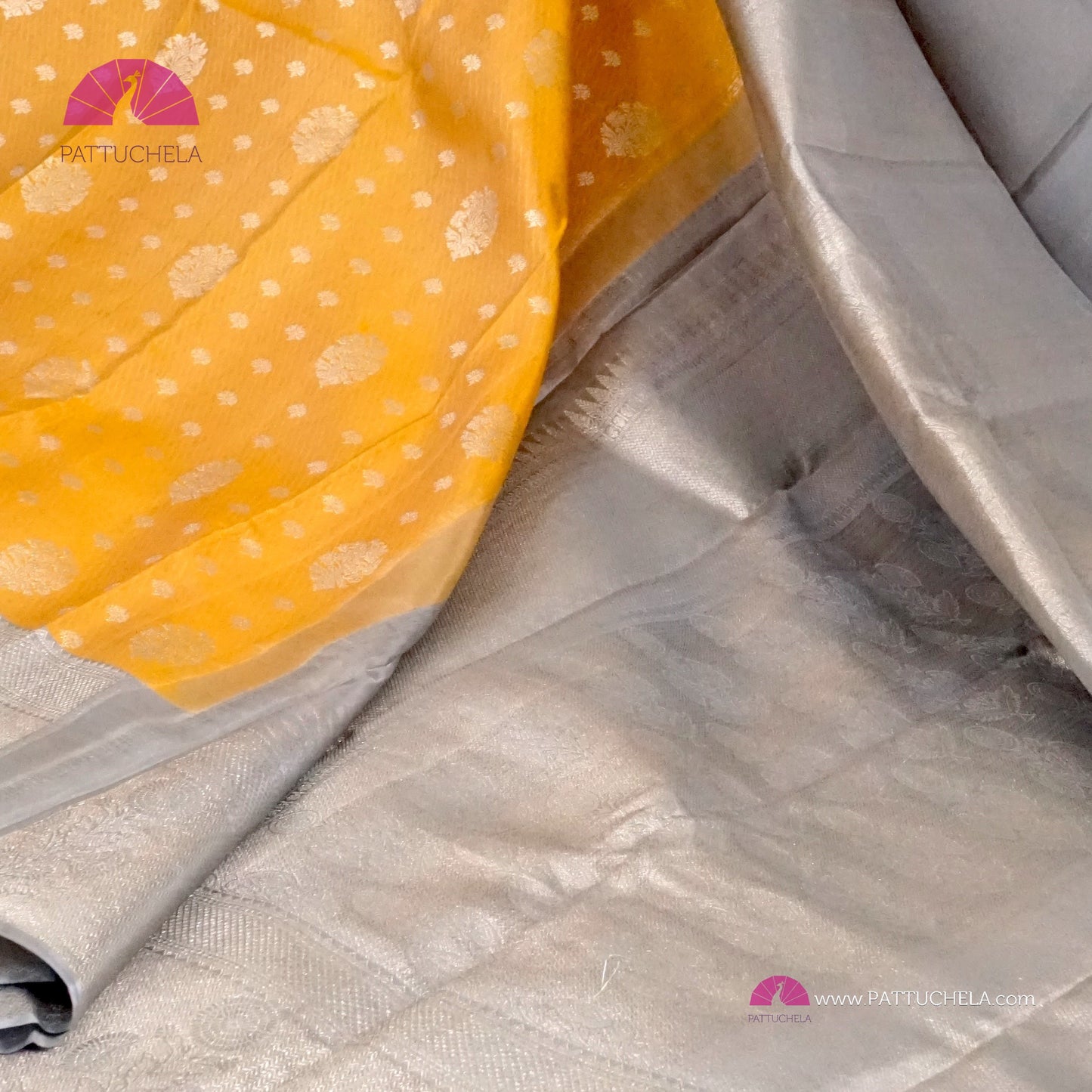 Sunflower Yellow Pure Kanchipuram Handloom SILK MARK CERTIFIED Saree with 1 gram pure Silver Zari weaves.