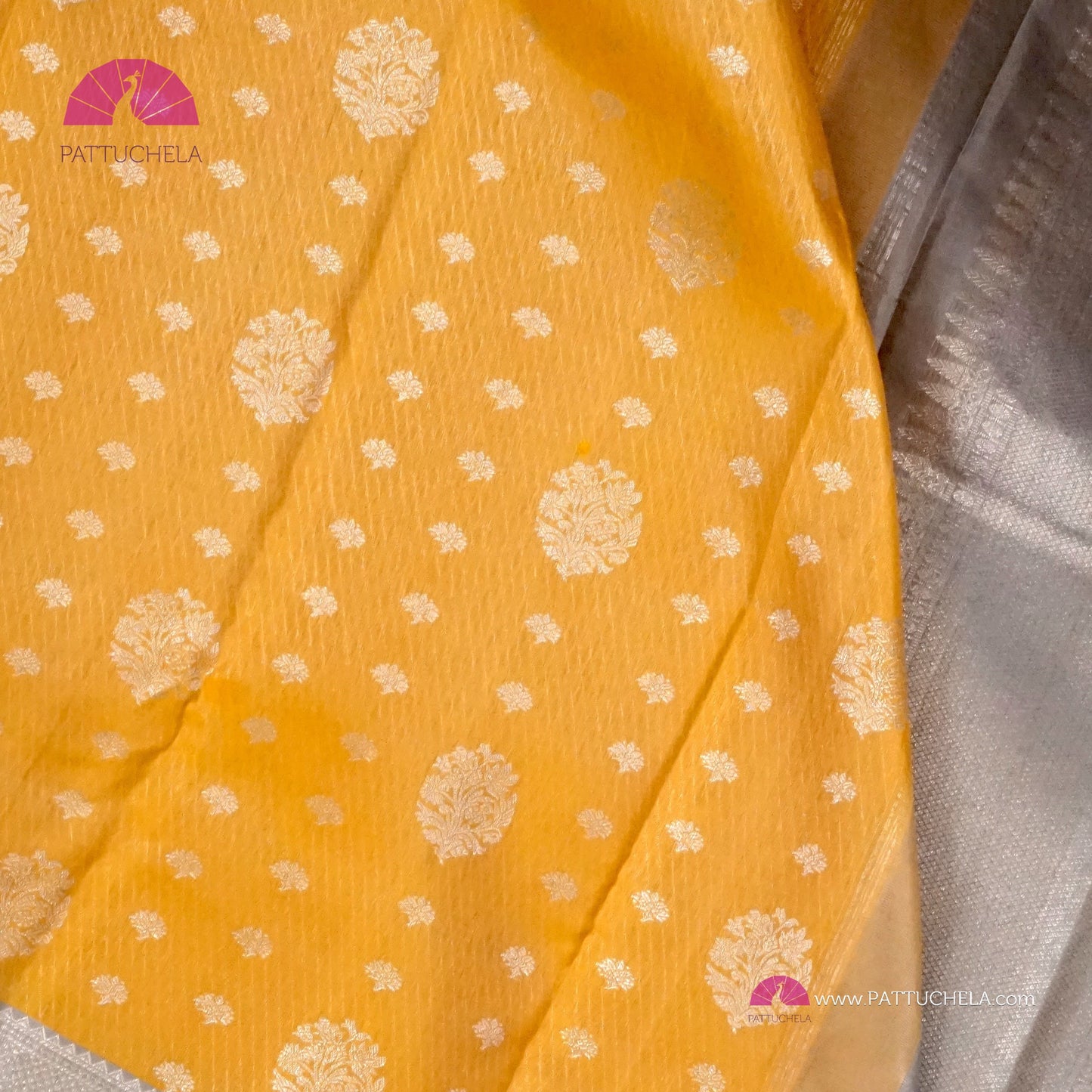 Sunflower Yellow Pure Kanchipuram Handloom SILK MARK CERTIFIED Saree with 1 gram pure Silver Zari weaves.