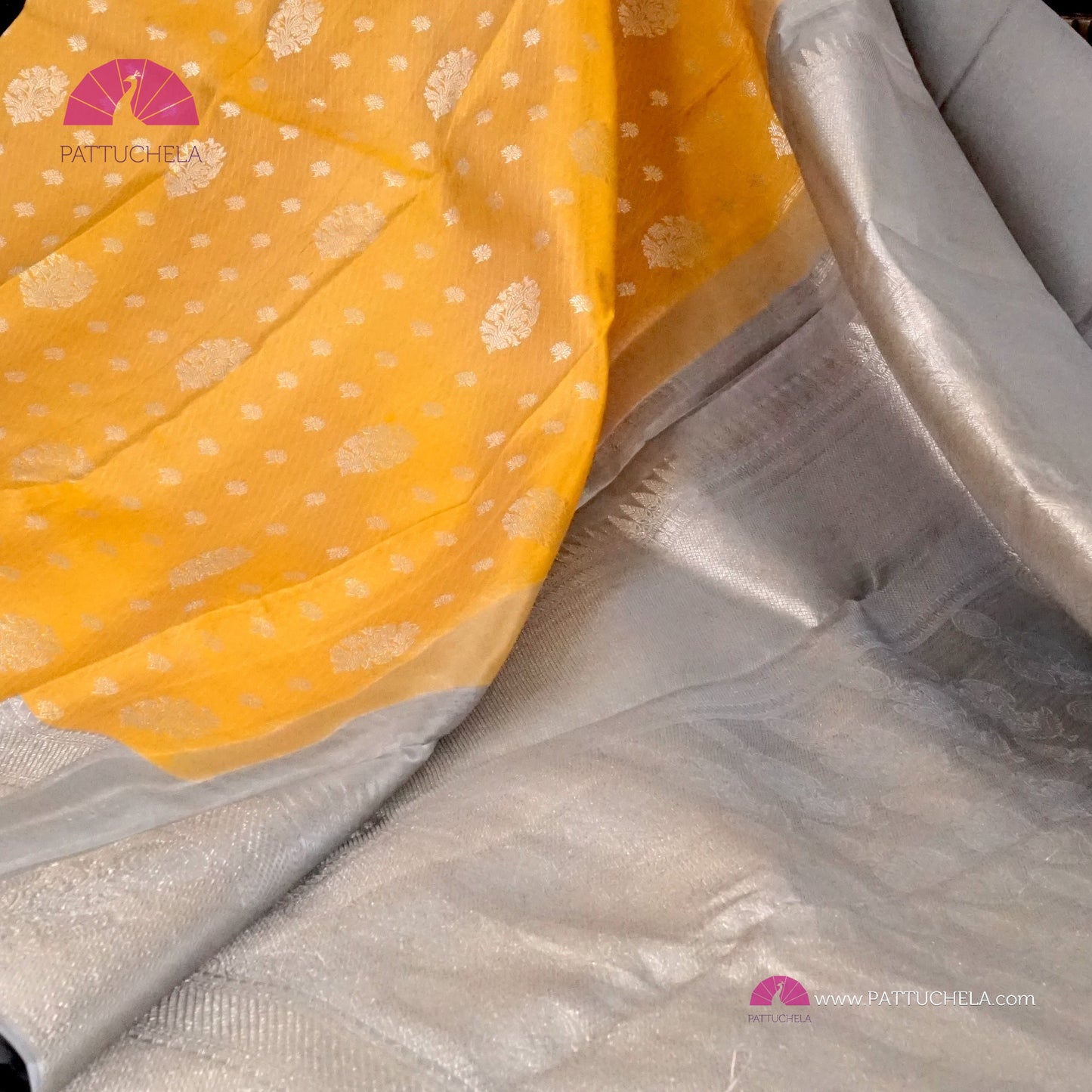 Sunflower Yellow Pure Kanchipuram Handloom SILK MARK CERTIFIED Saree with 1 gram pure Silver Zari weaves.