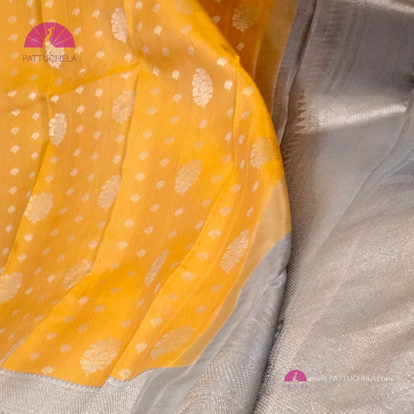 Sunflower Yellow Pure Kanchipuram Handloom SILK MARK CERTIFIED Saree with 1 gram pure Silver Zari weaves.