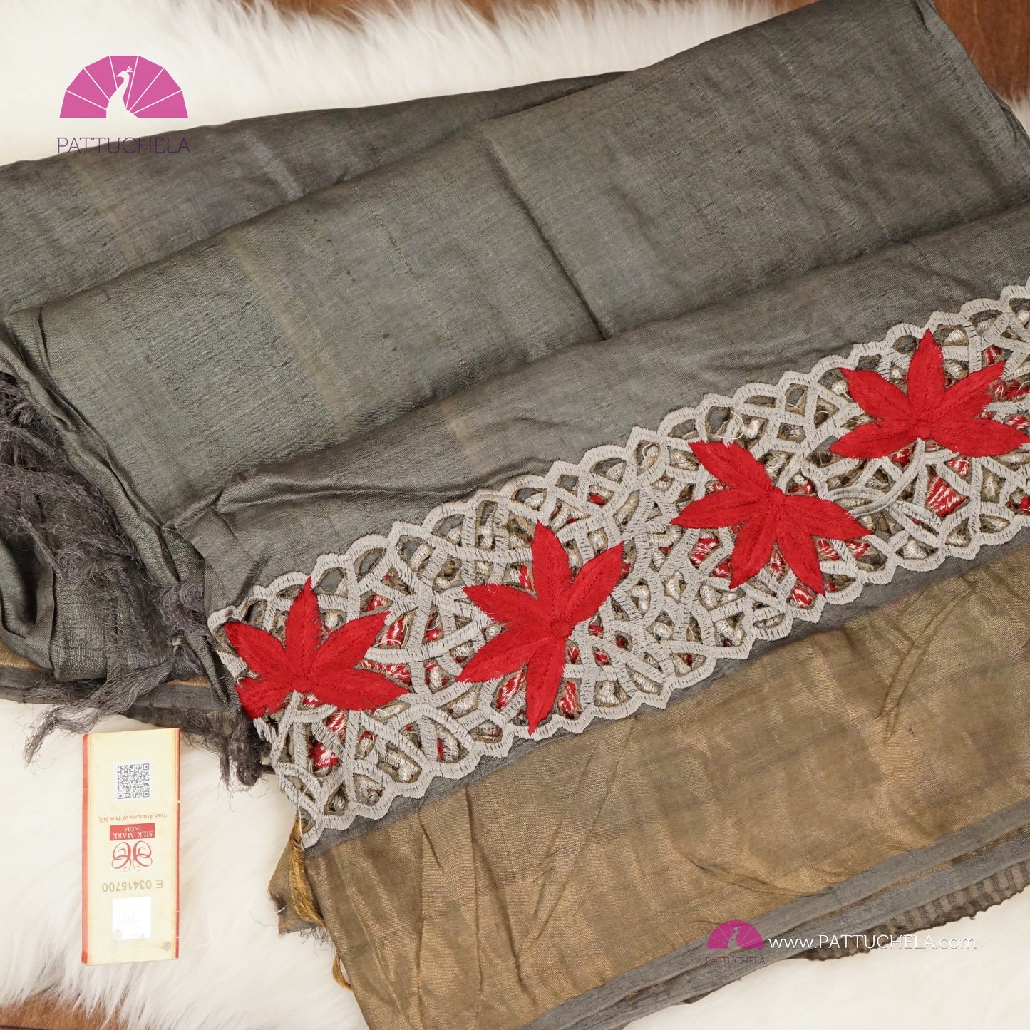 Grey Pure Tussar Silk Saree with appliqué embroidery and Cutwork Zari borders