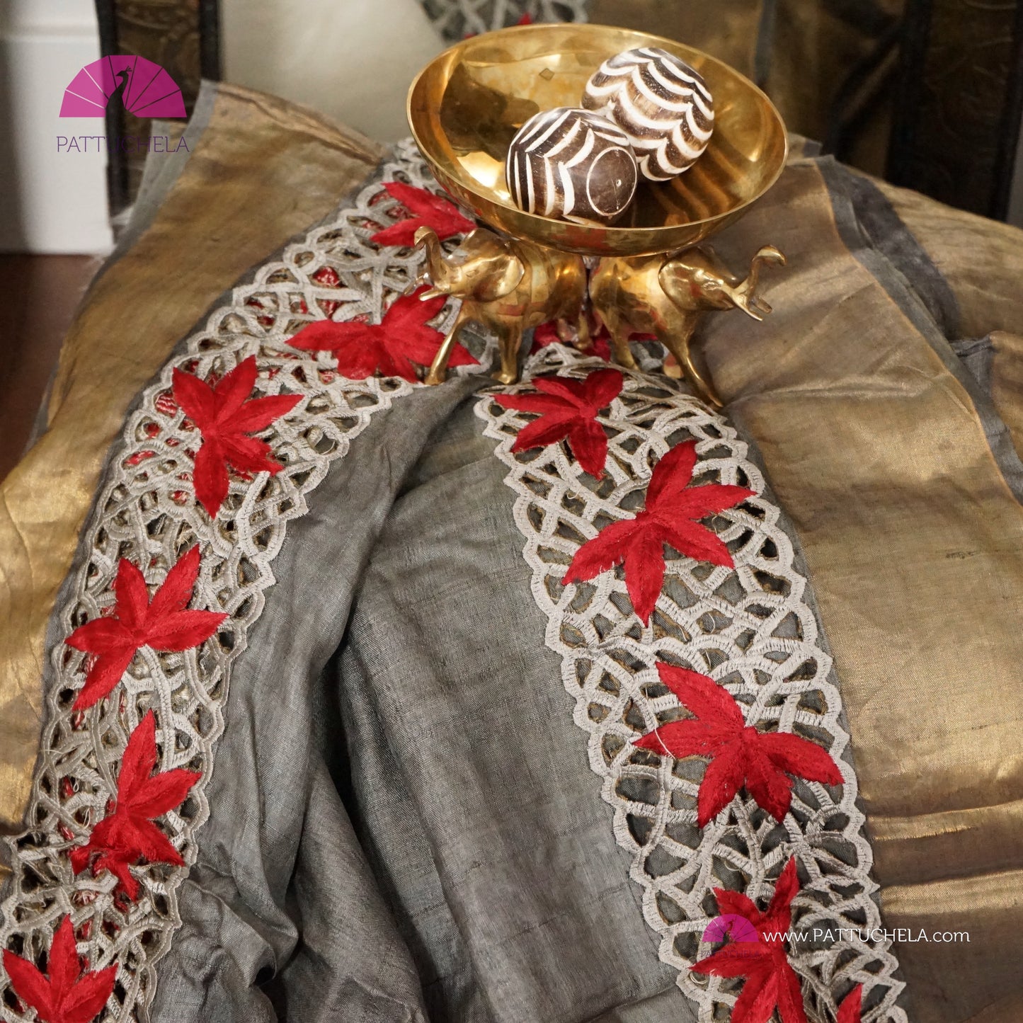 Grey Pure Tussar Silk Saree with appliqué embroidery and Cutwork Zari borders