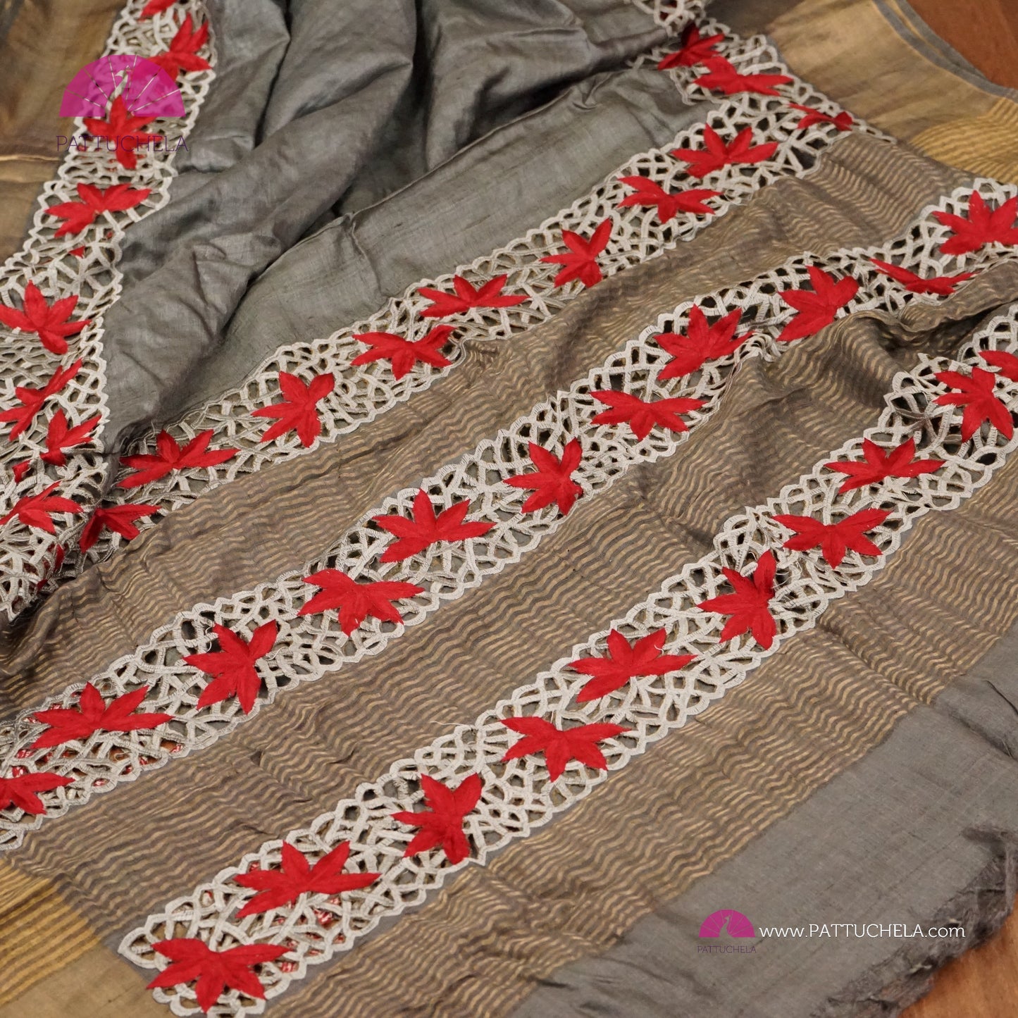 Grey Pure Tussar Silk Saree with appliqué embroidery and Cutwork Zari borders