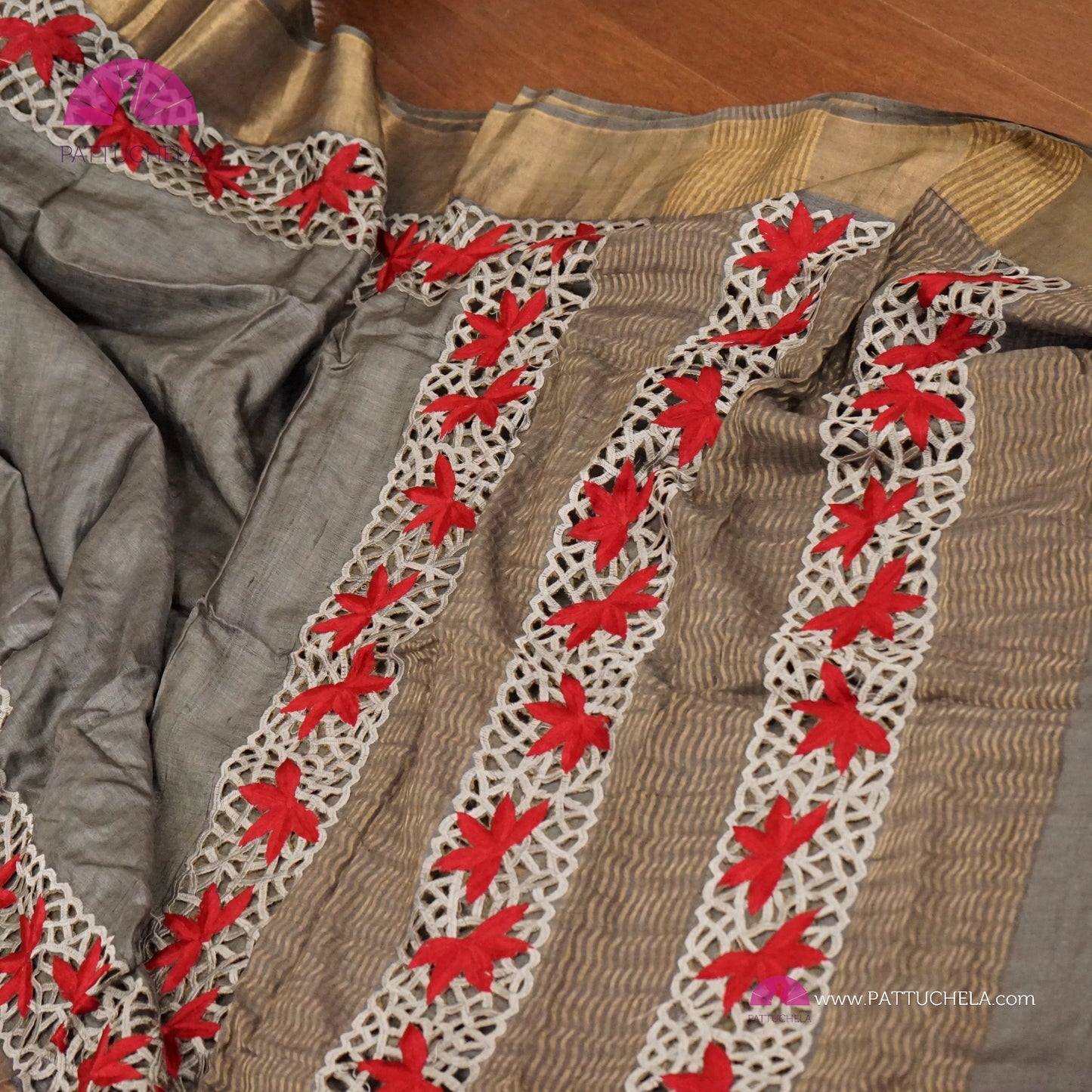 Grey Pure Tussar Silk Saree with appliqué embroidery and Cutwork Zari borders