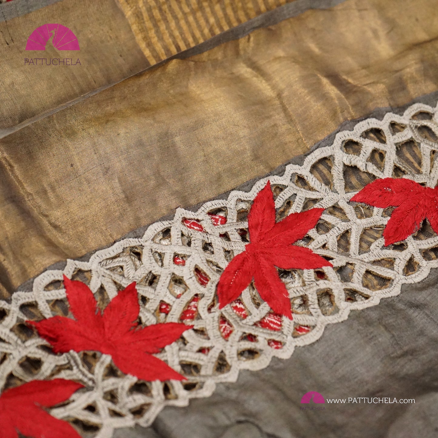 Grey Pure Tussar Silk Saree with appliqué embroidery and Cutwork Zari borders