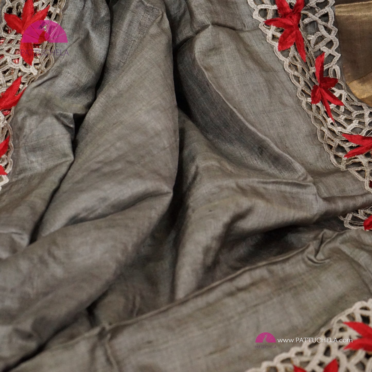Grey Pure Tussar Silk Saree with appliqué embroidery and Cutwork Zari borders