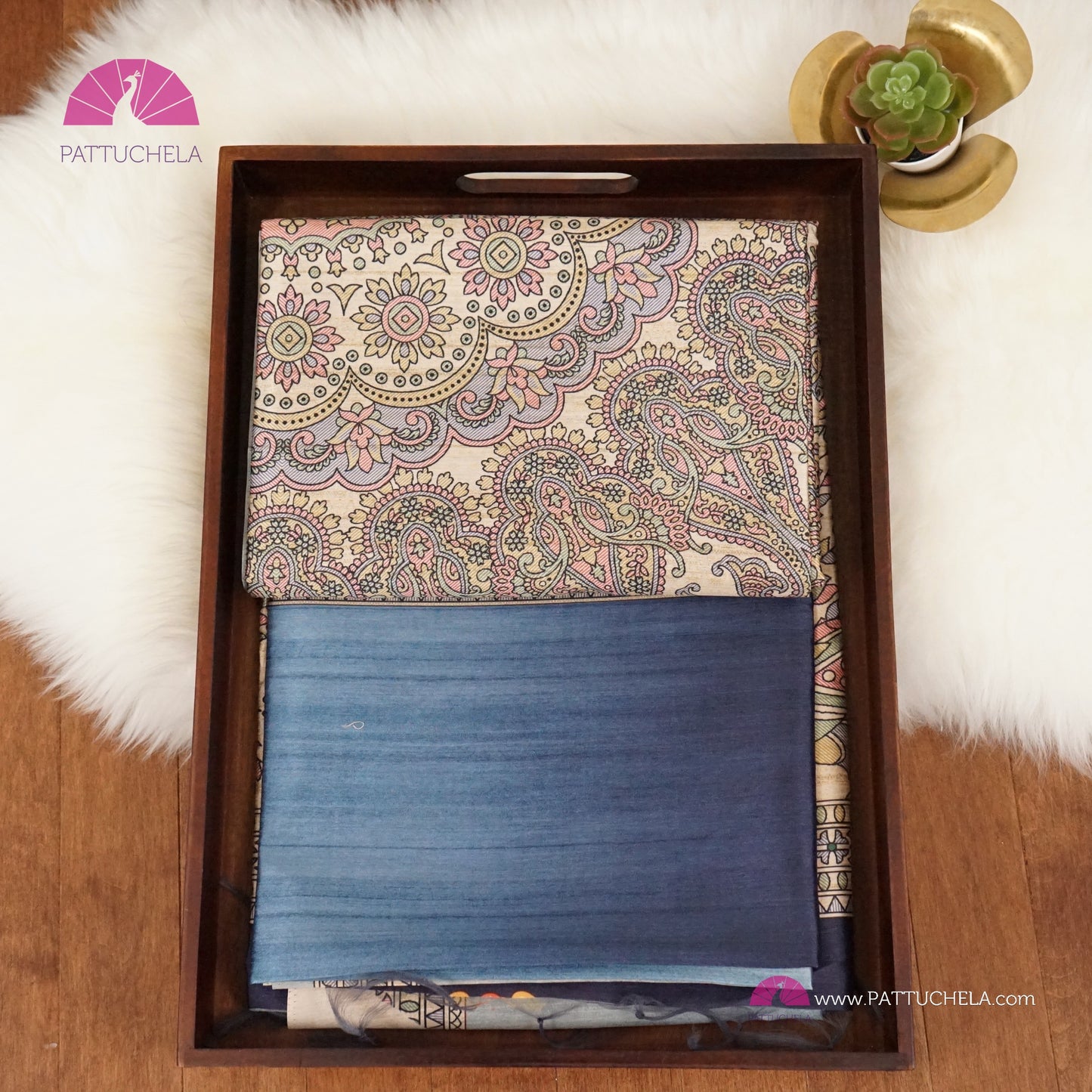 Semi Tussar Ghicha Silk Saree in Blue Ombre with Madhubani prints