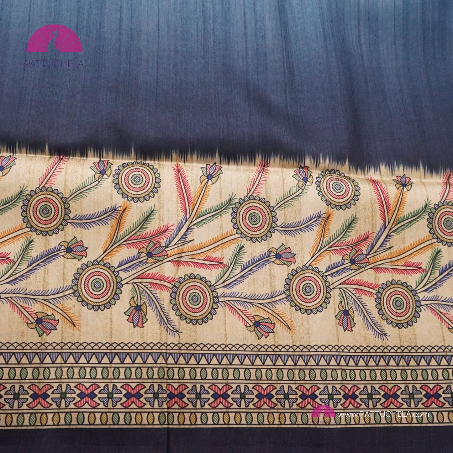Semi Tussar Ghicha Silk Saree in Blue Ombre with Madhubani prints