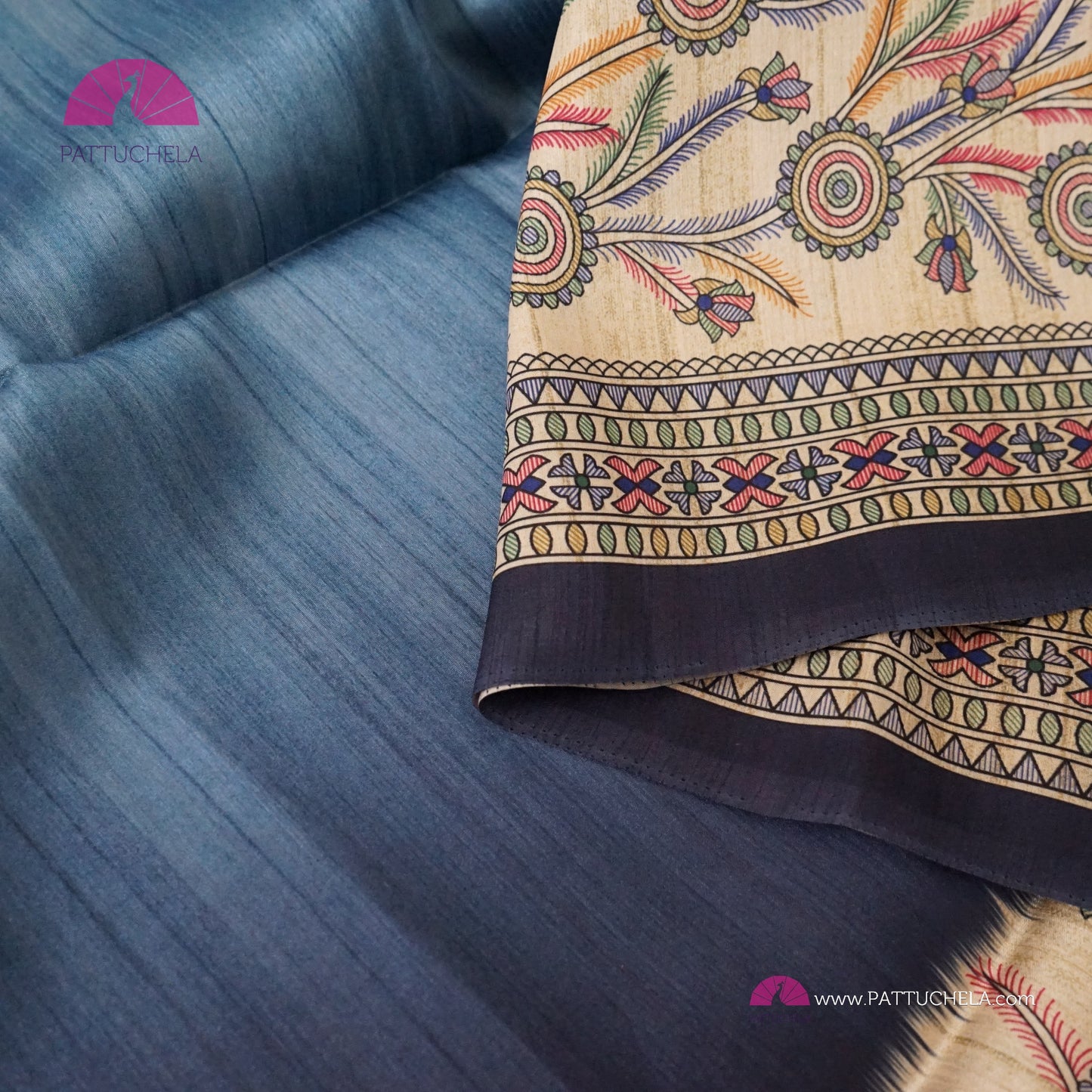 Semi Tussar Ghicha Silk Saree in Blue Ombre with Madhubani prints