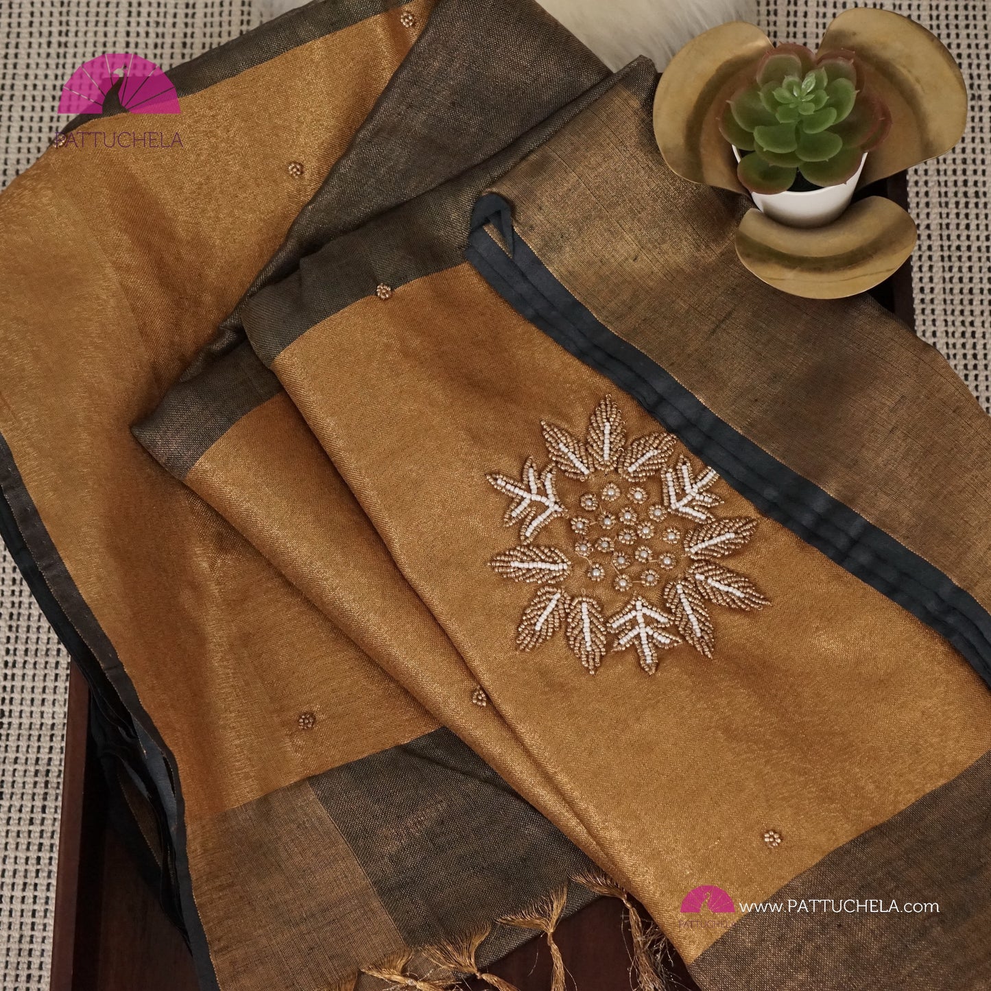 Charcoal Greyish Black Organic Tissue Linen Saree with Hand Embroidery