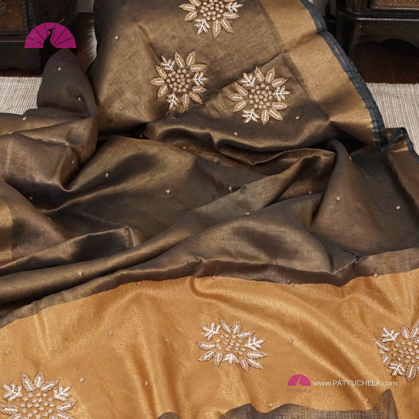 Charcoal Greyish Black Organic Tissue Linen Saree with Hand Embroidery