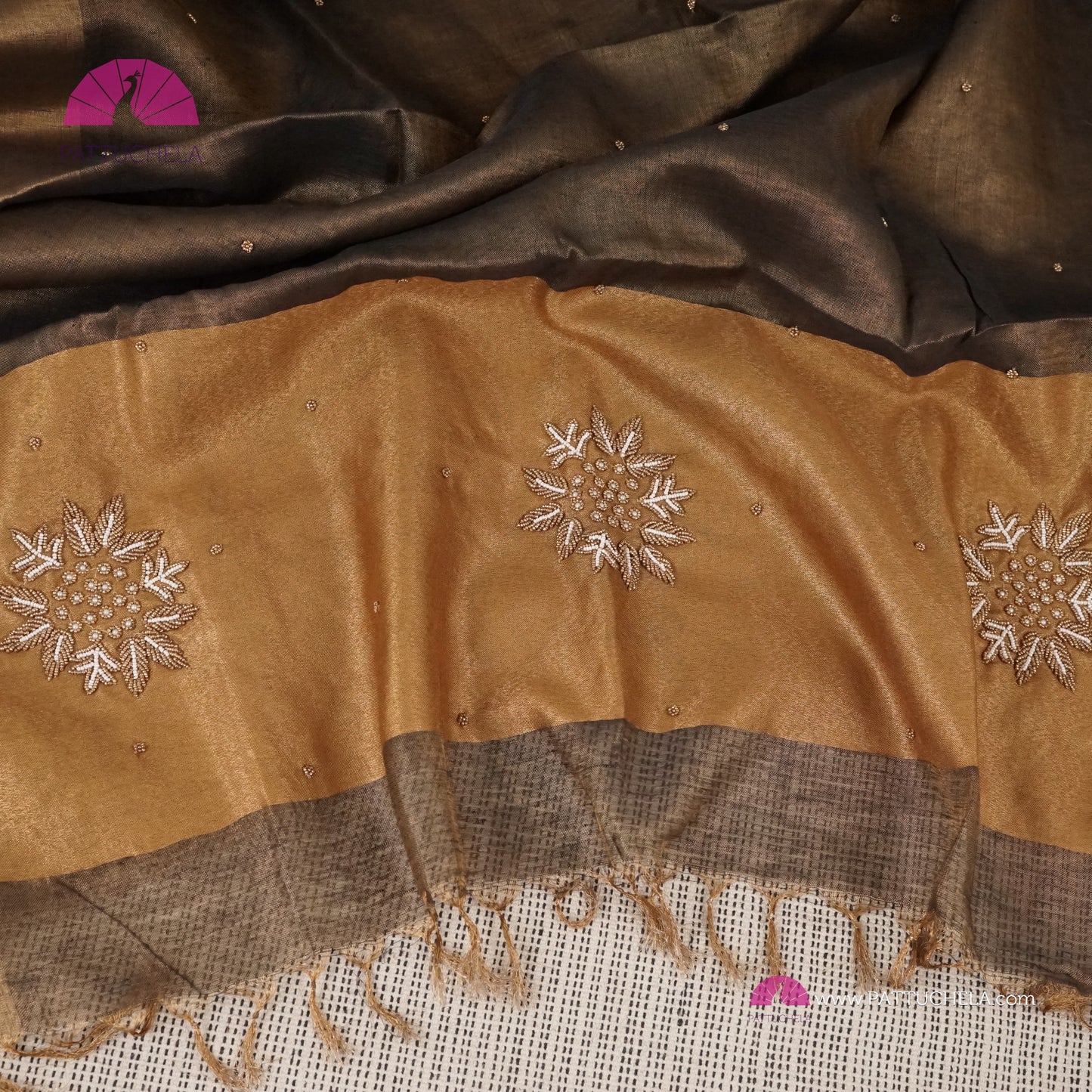 Charcoal Greyish Black Organic Tissue Linen Saree with Hand Embroidery