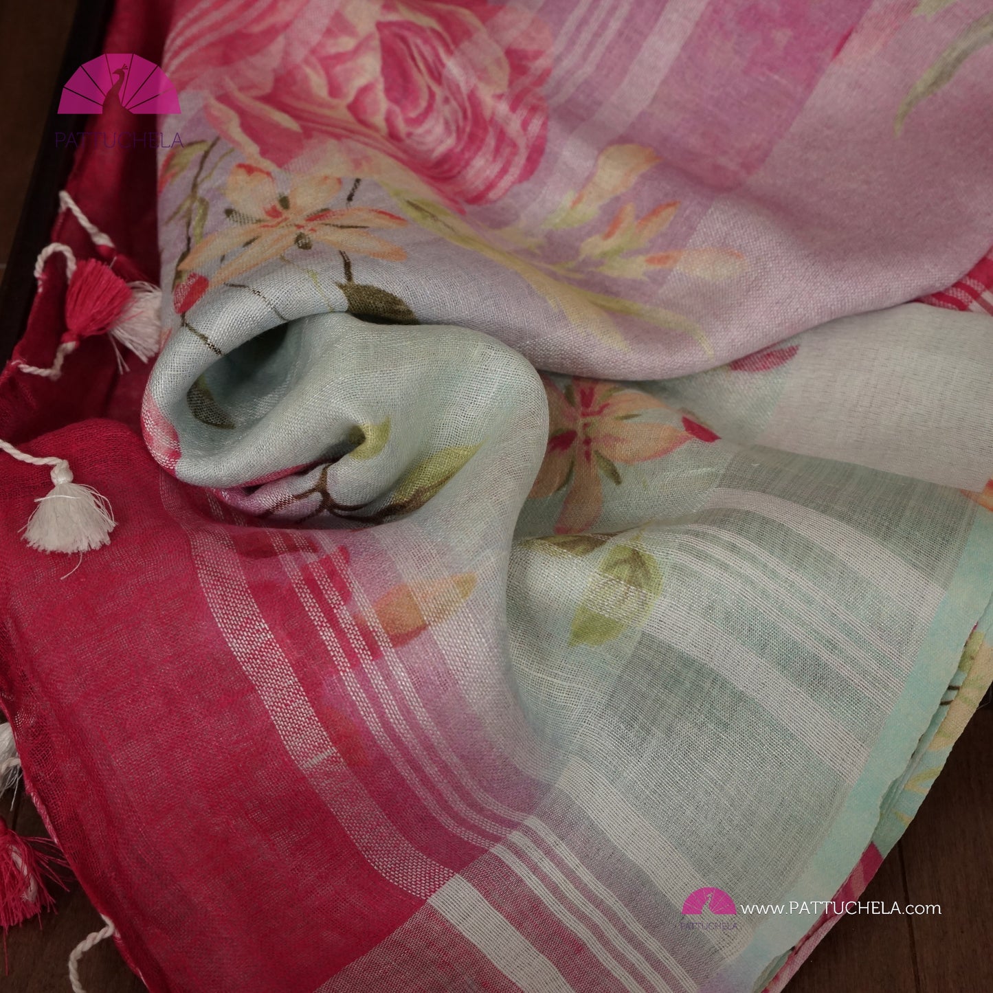 Beautiful Digital Printed dual tone Organic Linen Sari in floral prints