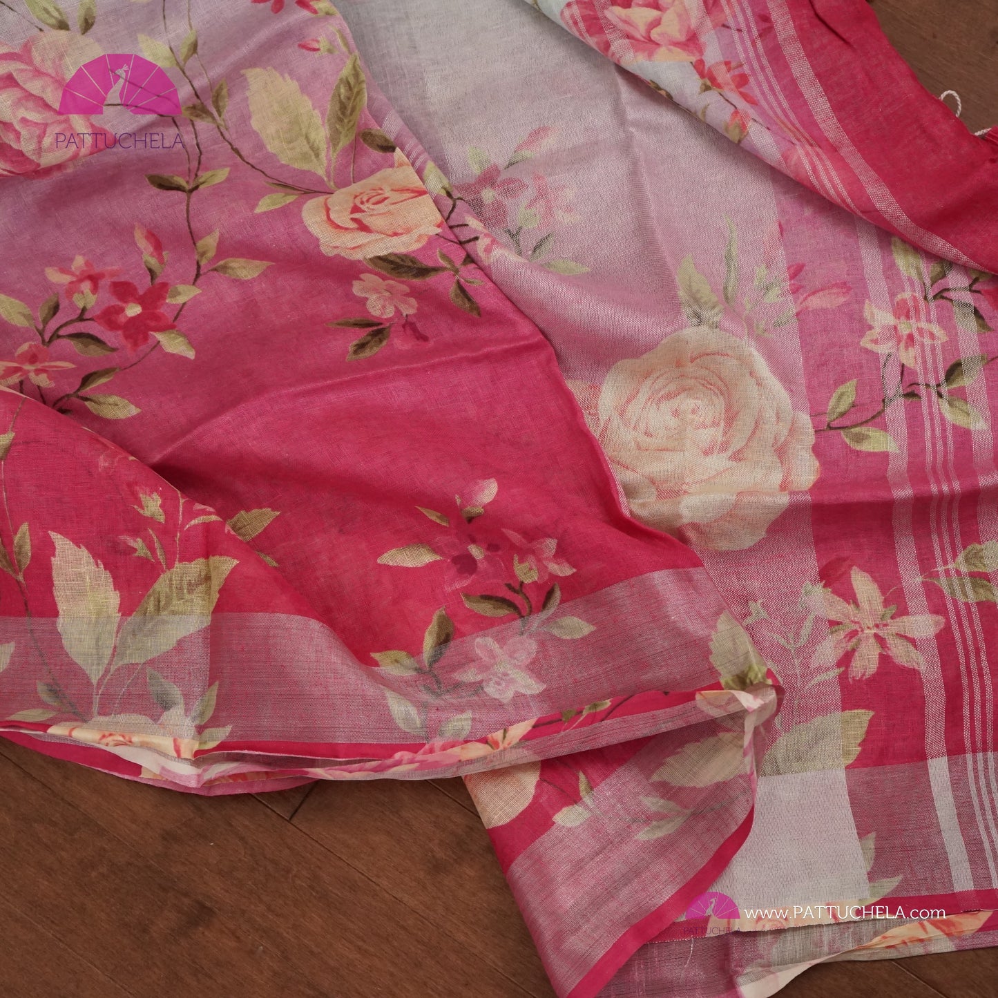 Beautiful Digital Printed dual tone Organic Linen Sari in floral prints