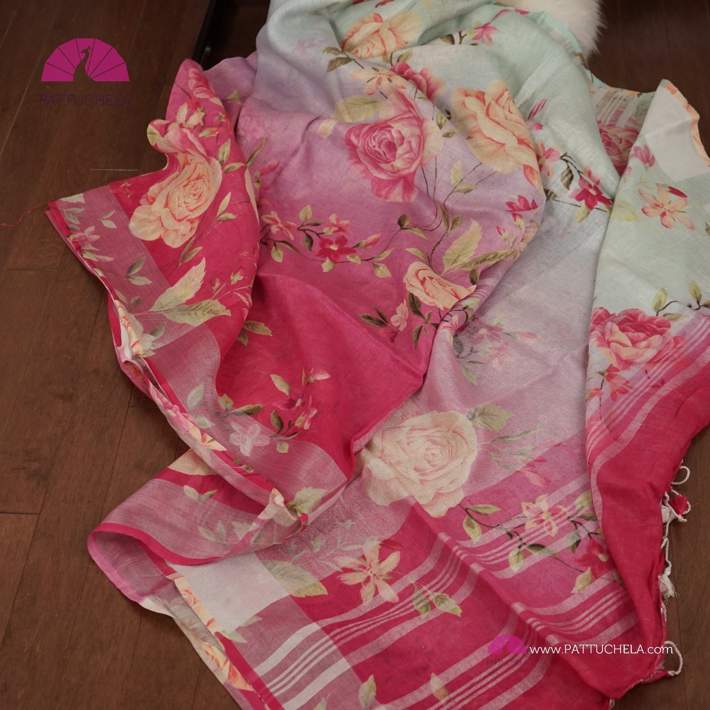 Beautiful Digital Printed dual tone Organic Linen Sari in floral prints