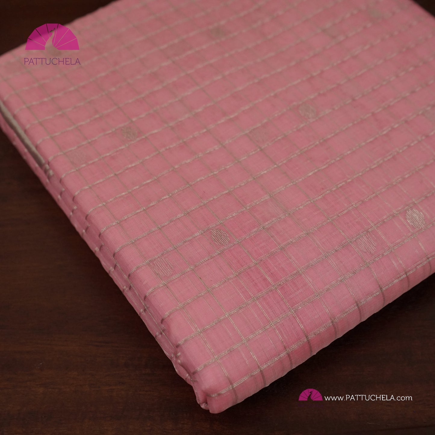Pastel Pink Checked Chanderi Katan Handloom Silk Saree with Polka Motifs and Silver Zari Border