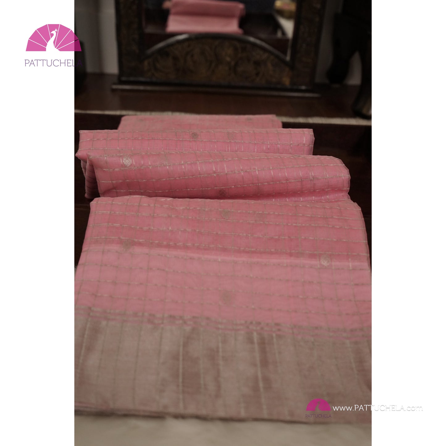 Pastel Pink Checked Chanderi Katan Handloom Silk Saree with Polka Motifs and Silver Zari Border