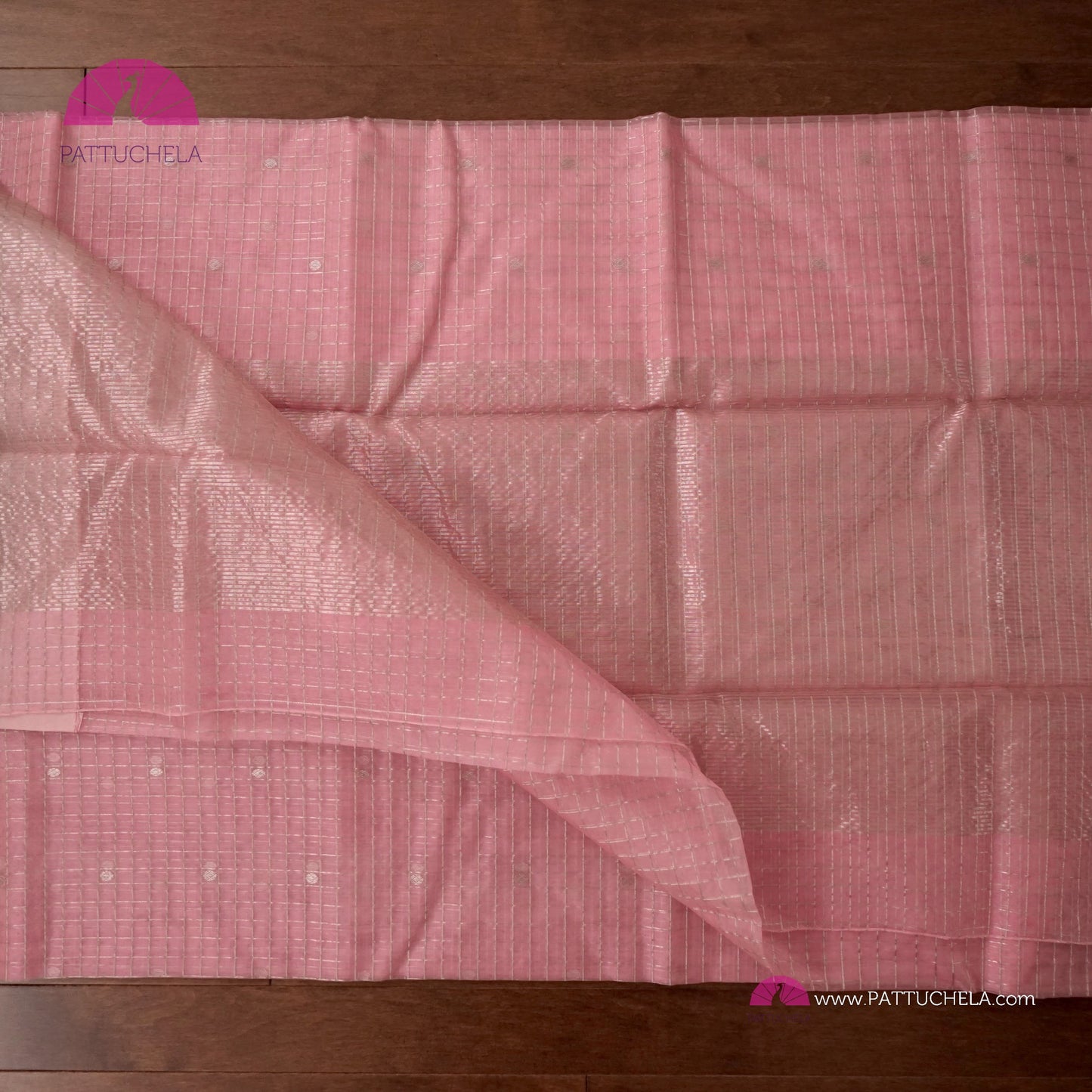 Pastel Pink Checked Chanderi Katan Handloom Silk Saree with Polka Motifs and Silver Zari Border