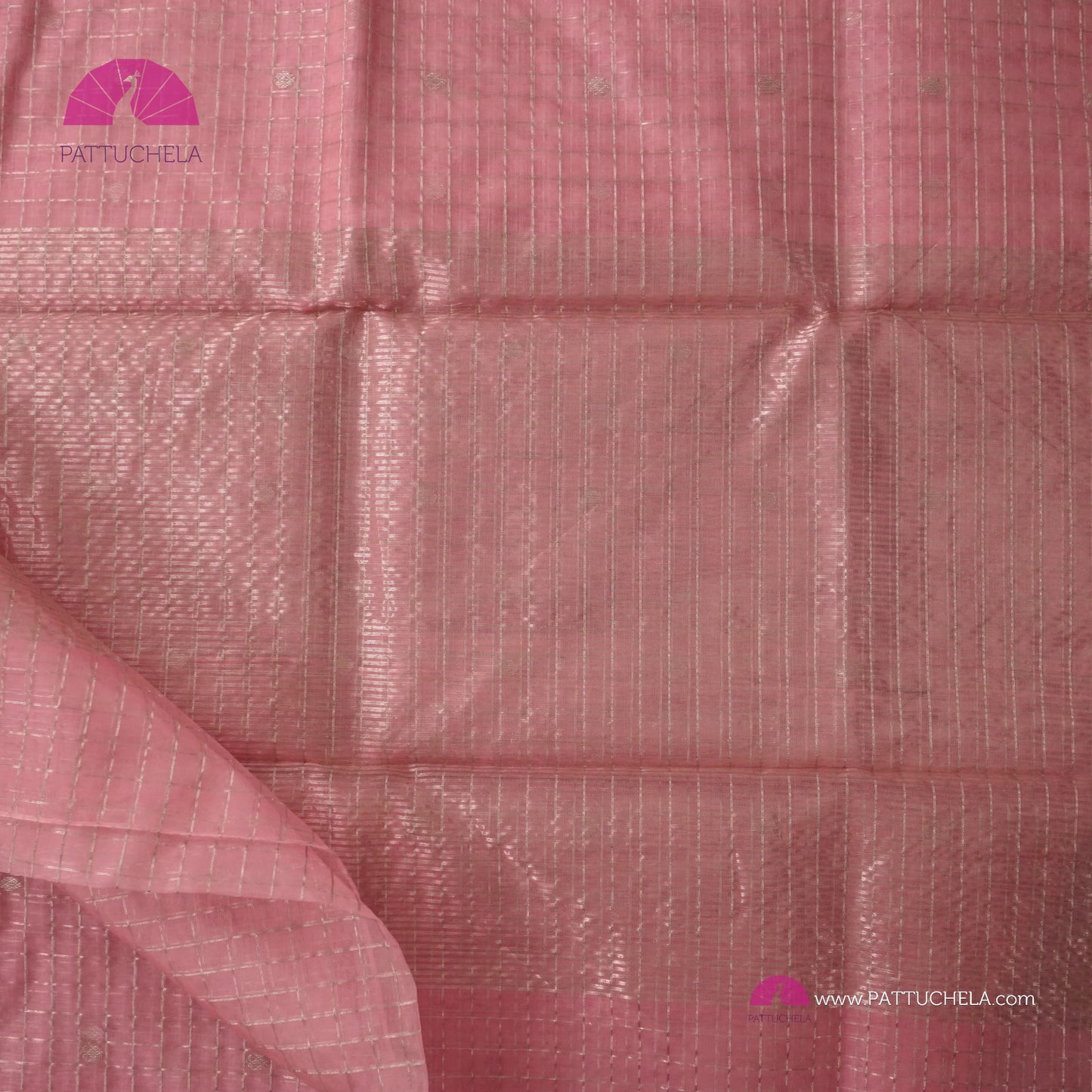 Pastel Pink Checked Chanderi Katan Handloom Silk Saree with Polka Motifs and Silver Zari Border