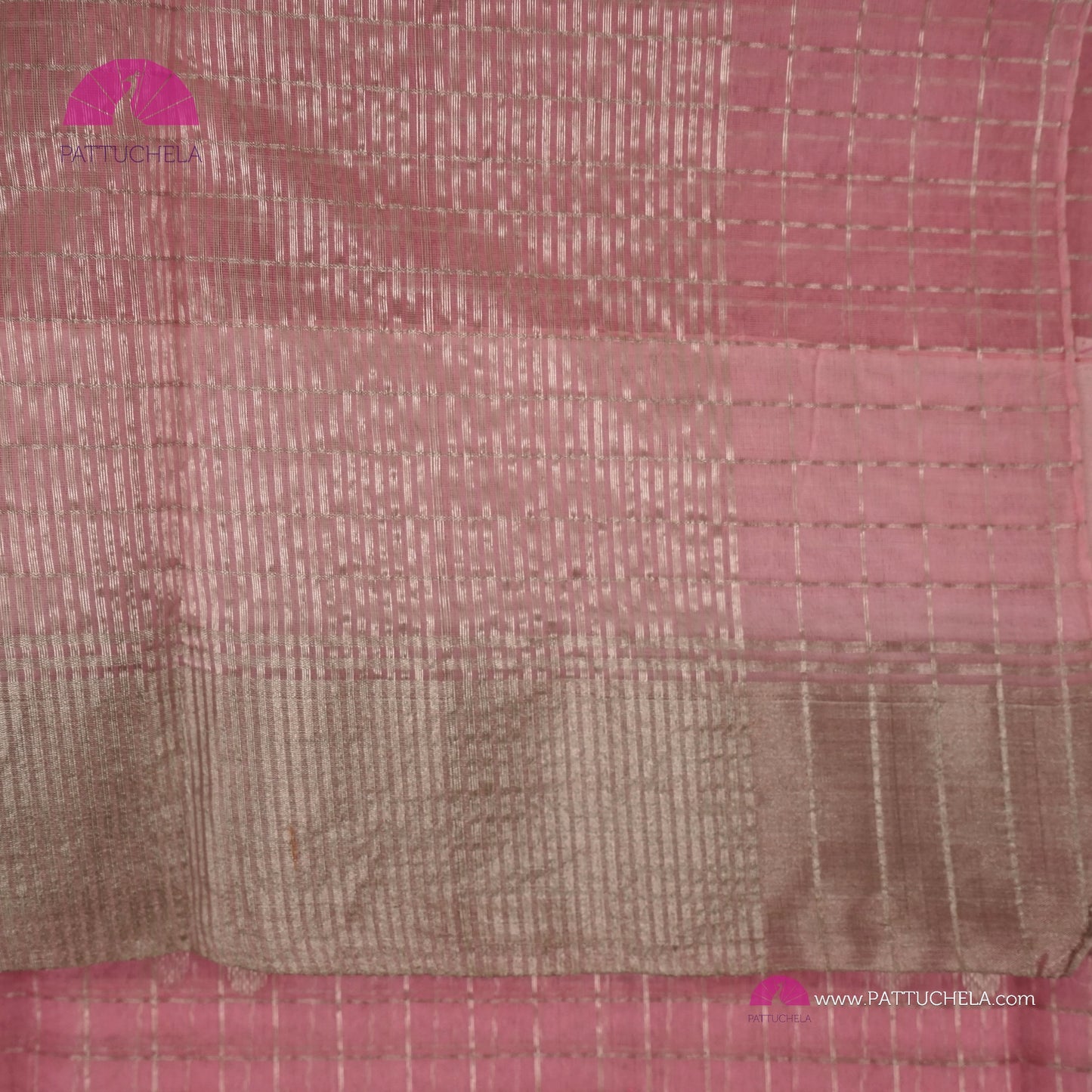 Pastel Pink Checked Chanderi Katan Handloom Silk Saree with Polka Motifs and Silver Zari Border