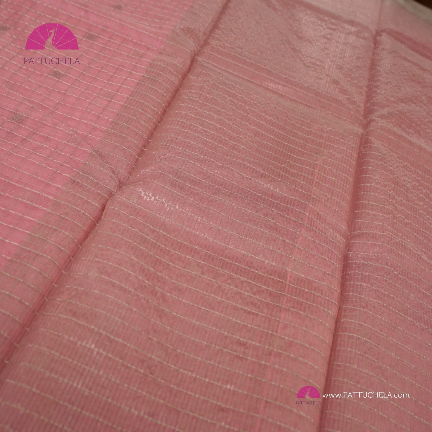 Pastel Pink Checked Chanderi Katan Handloom Silk Saree with Polka Motifs and Silver Zari Border