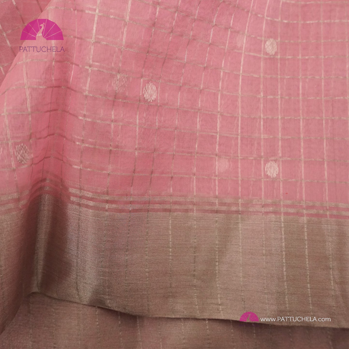 Pastel Pink Checked Chanderi Katan Handloom Silk Saree with Polka Motifs and Silver Zari Border