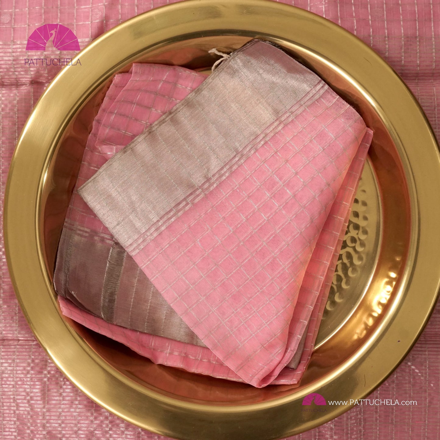 Pastel Pink Checked Chanderi Katan Handloom Silk Saree with Polka Motifs and Silver Zari Border