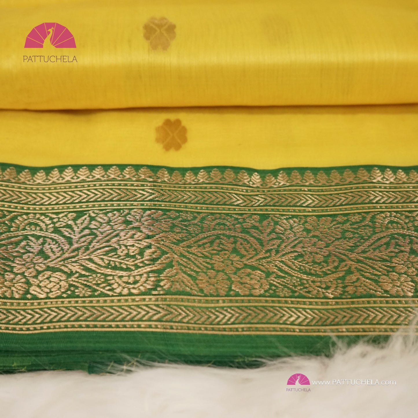 Lemon Yellow Chanderi Katan Handloom Silk Saree with contrast Green zari woven Nakshi Border and Asarfi Motifs