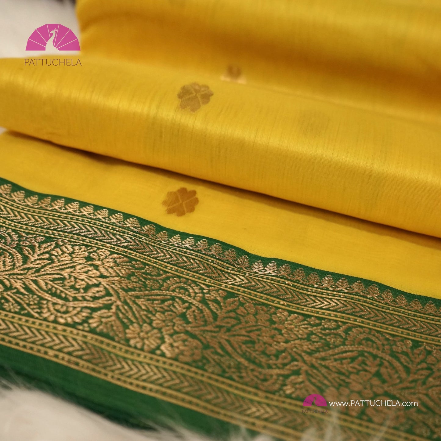 Lemon Yellow Chanderi Katan Handloom Silk Saree with contrast Green zari woven Nakshi Border and Asarfi Motifs