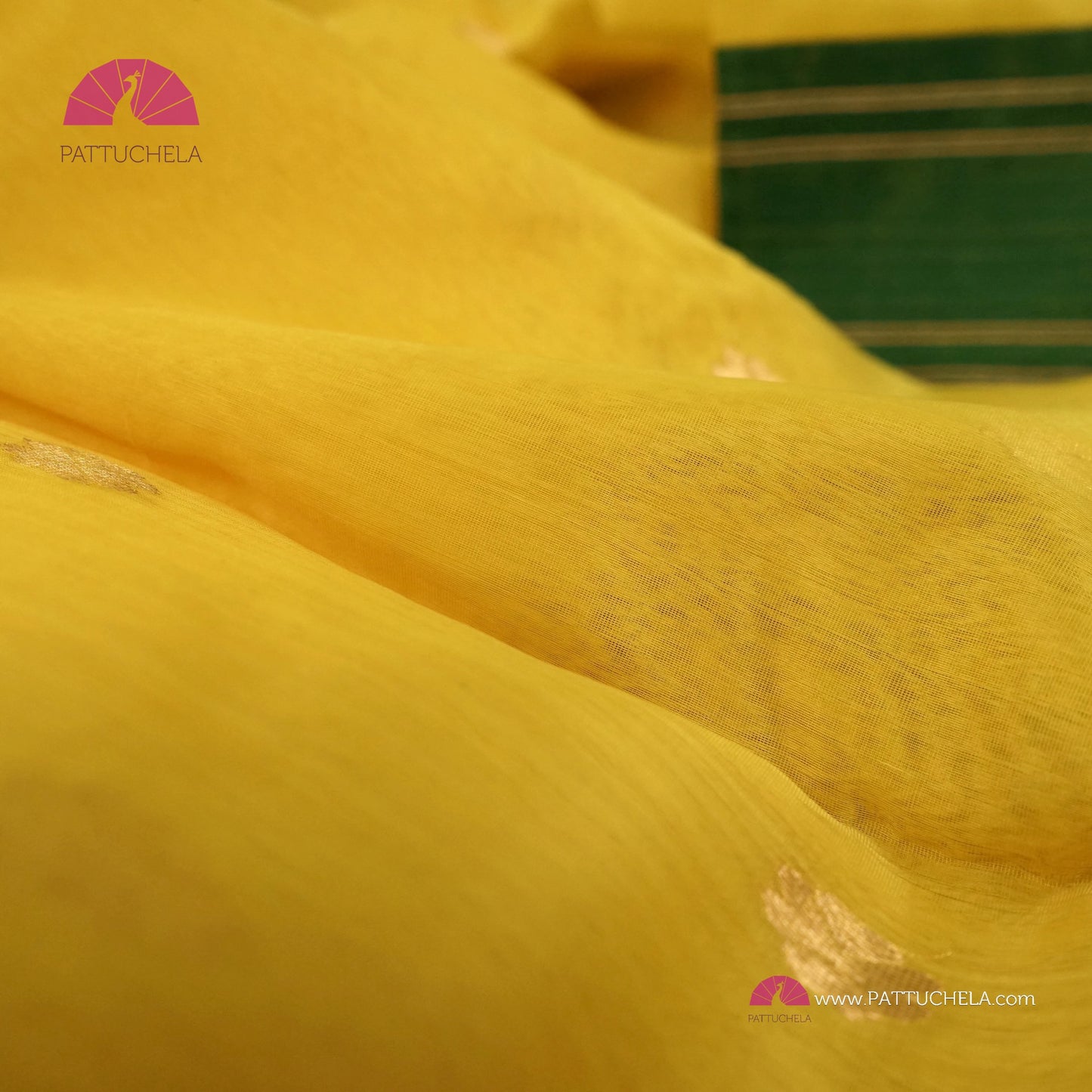 Lemon Yellow Chanderi Katan Handloom Silk Saree with contrast Green zari woven Nakshi Border and Asarfi Motifs