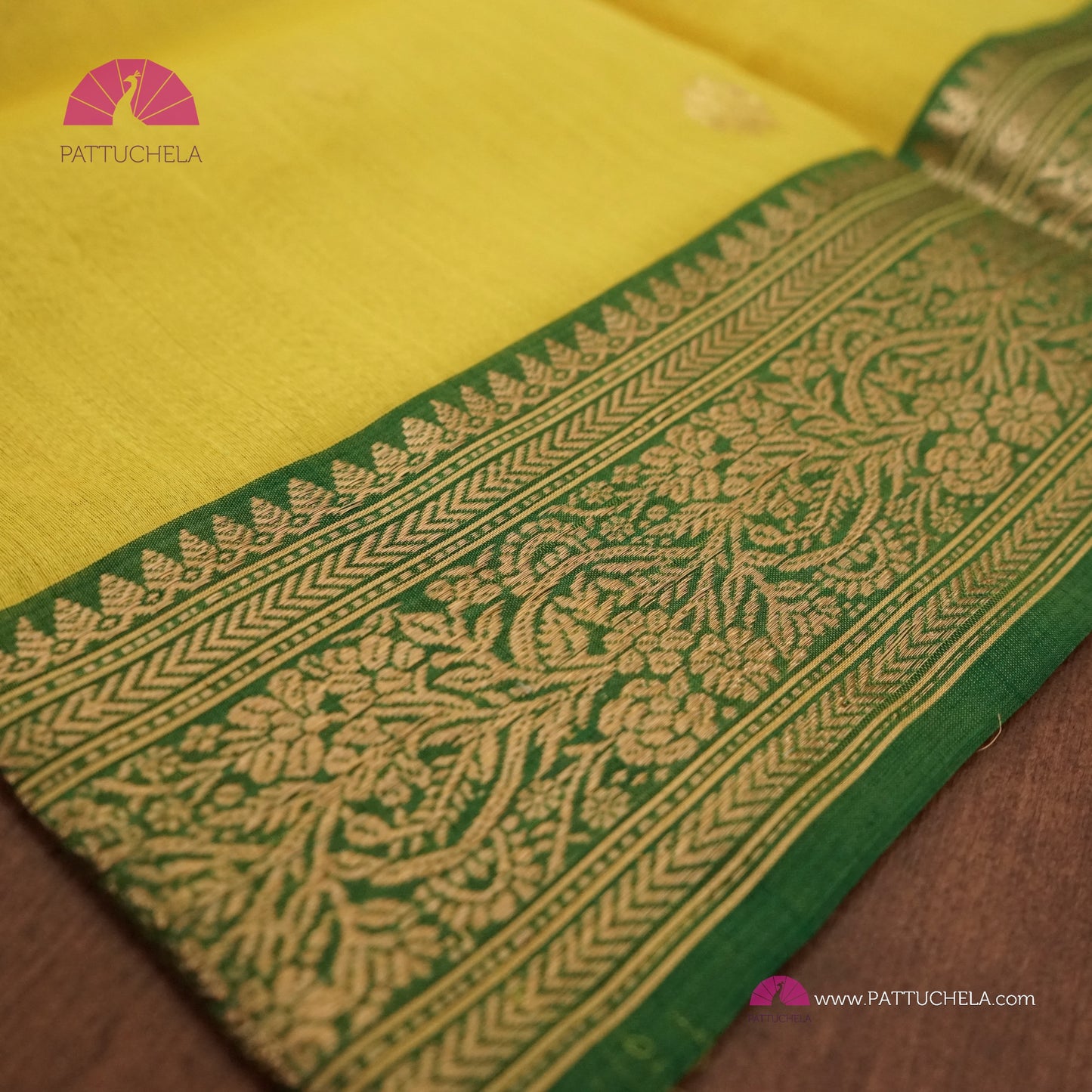 Lemon Yellow Chanderi Katan Handloom Silk Saree with contrast Green zari woven Nakshi Border and Asarfi Motifs